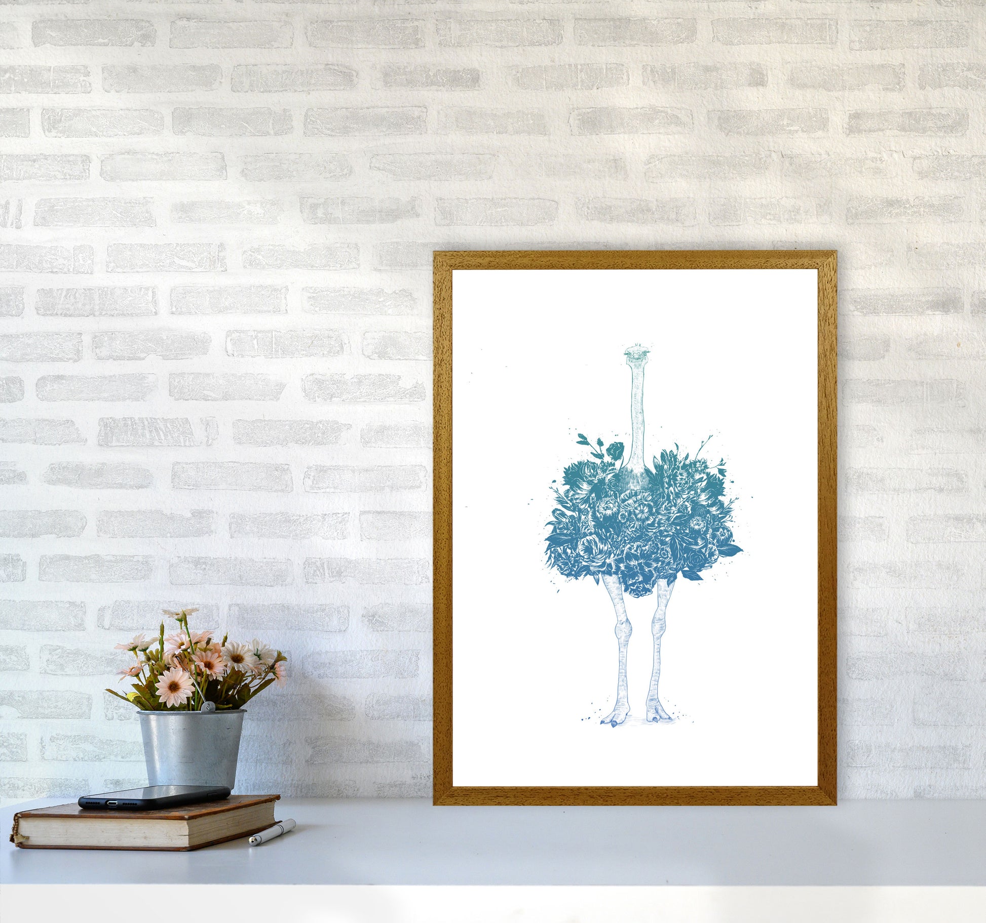 Floral Ostrich Teal Animal Art Print by Balaz Solti A2 Print Only
