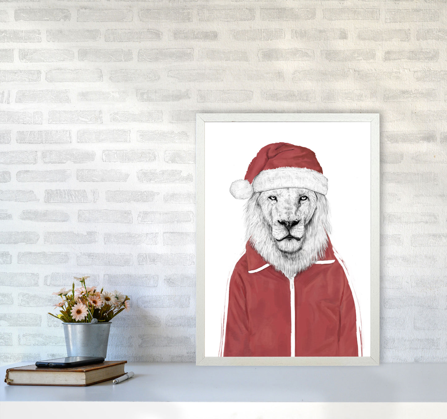 Santa Lion Animal Art Print by Balaz Solti A2 Oak Frame
