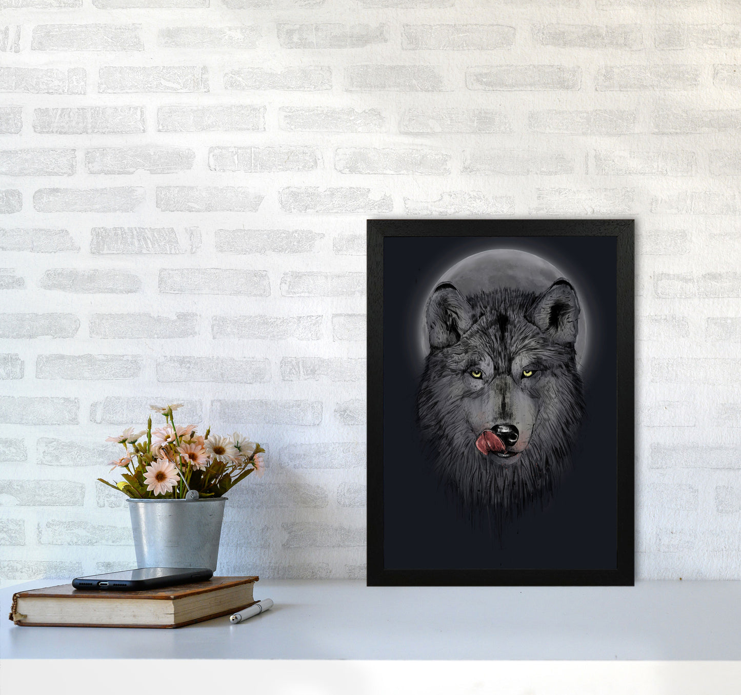 Dinner Time Wolf Night Animal Art Print by Balaz Solti A3 White Frame