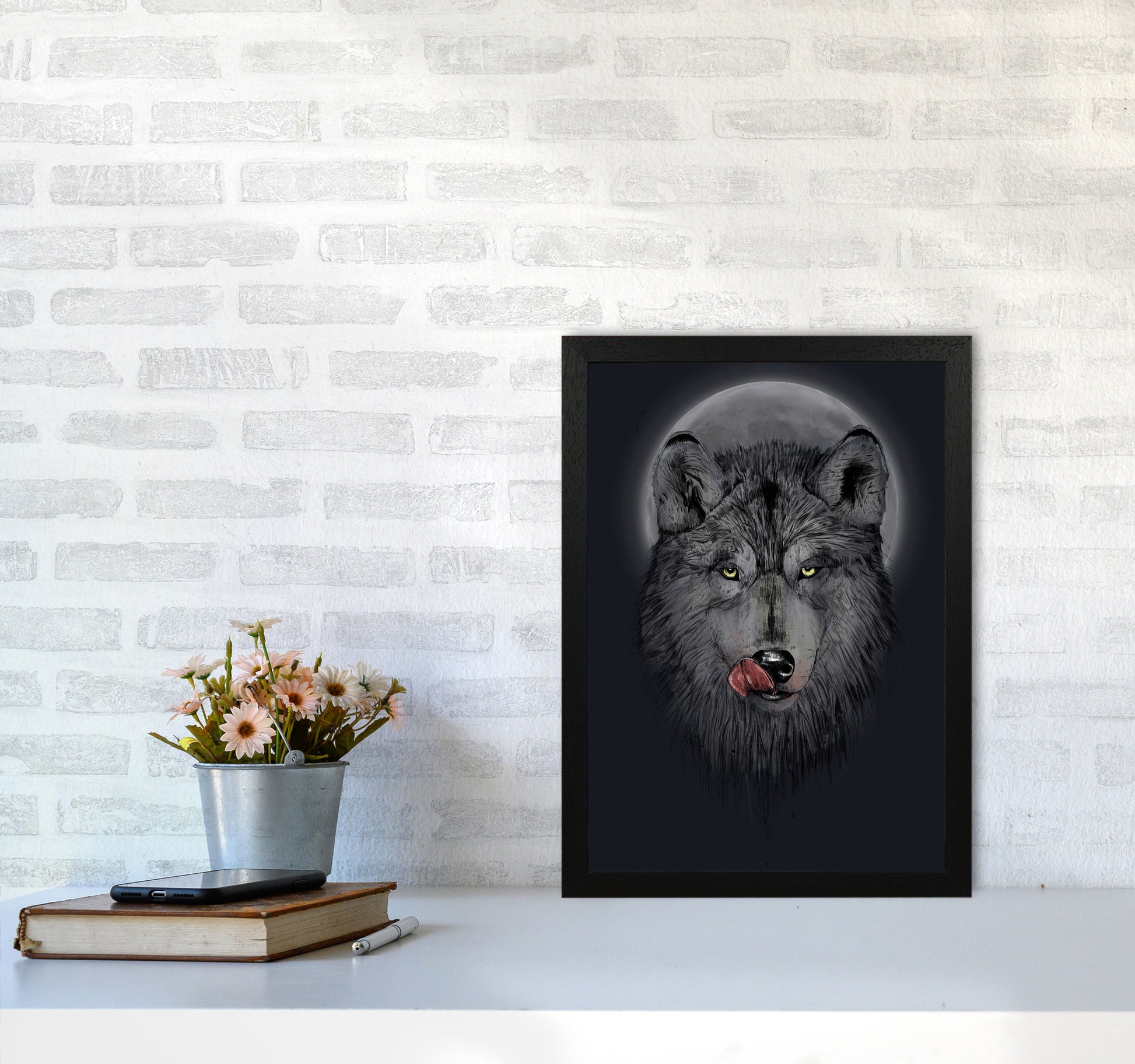 Dinner Time Wolf Night Animal Art Print by Balaz Solti A3 White Frame