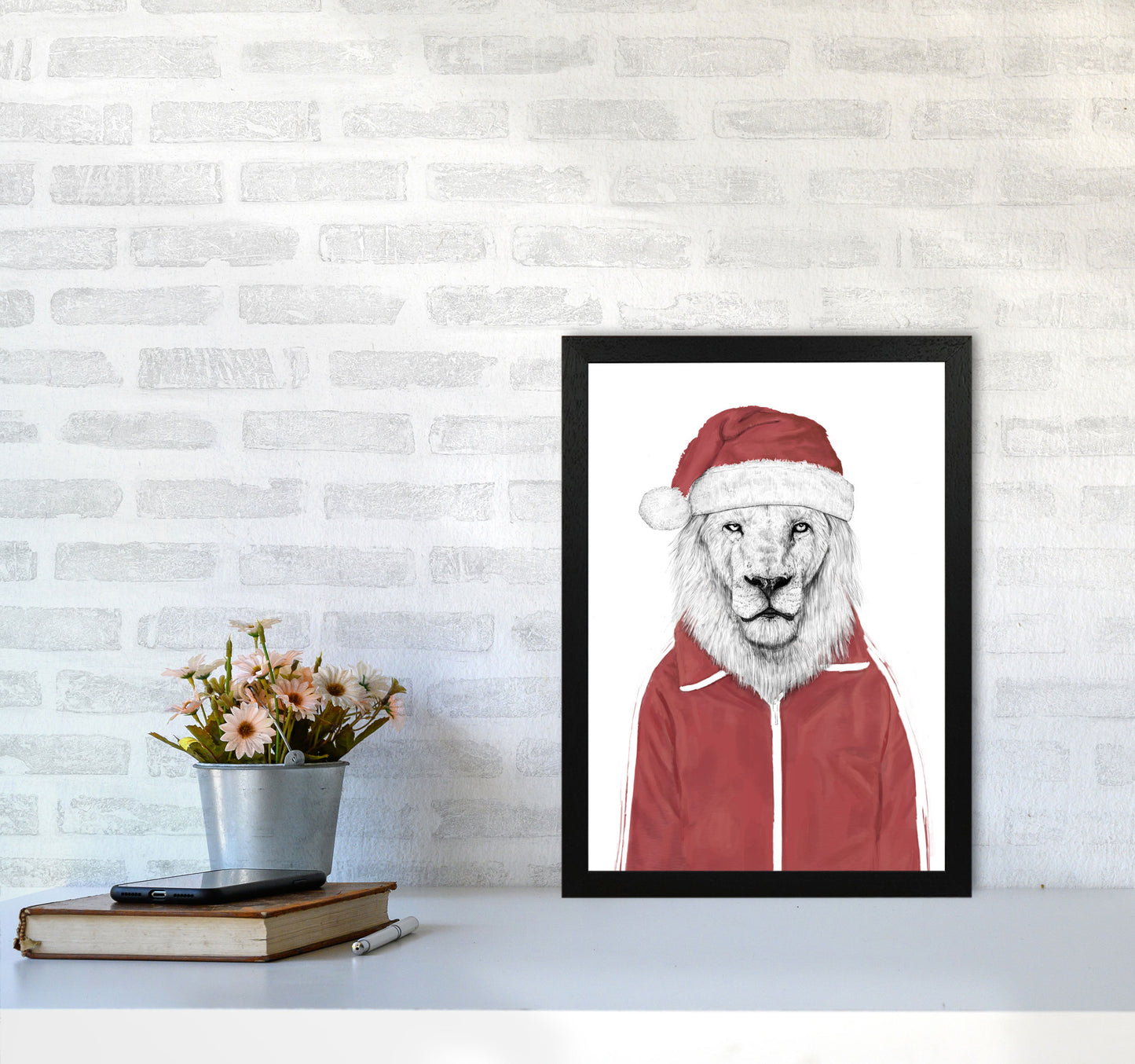 Santa Lion Animal Art Print by Balaz Solti A3 White Frame