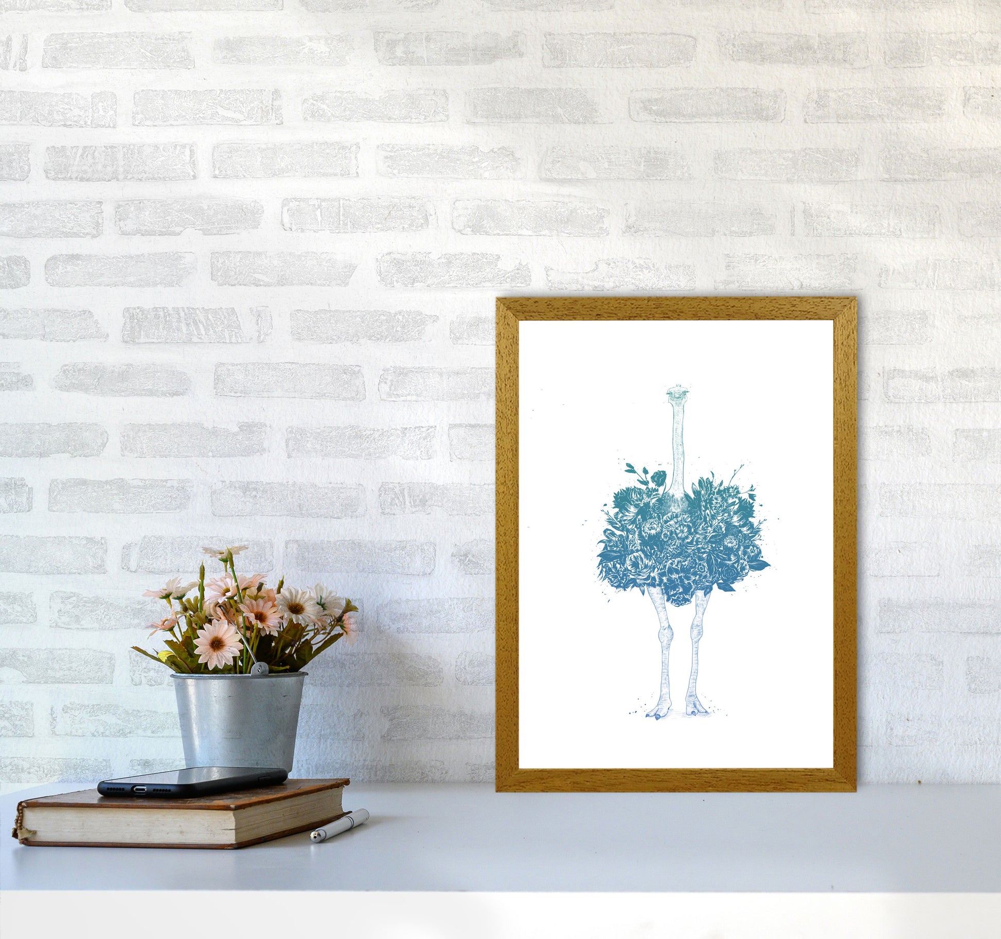 Floral Ostrich Teal Animal Art Print by Balaz Solti A3 Print Only