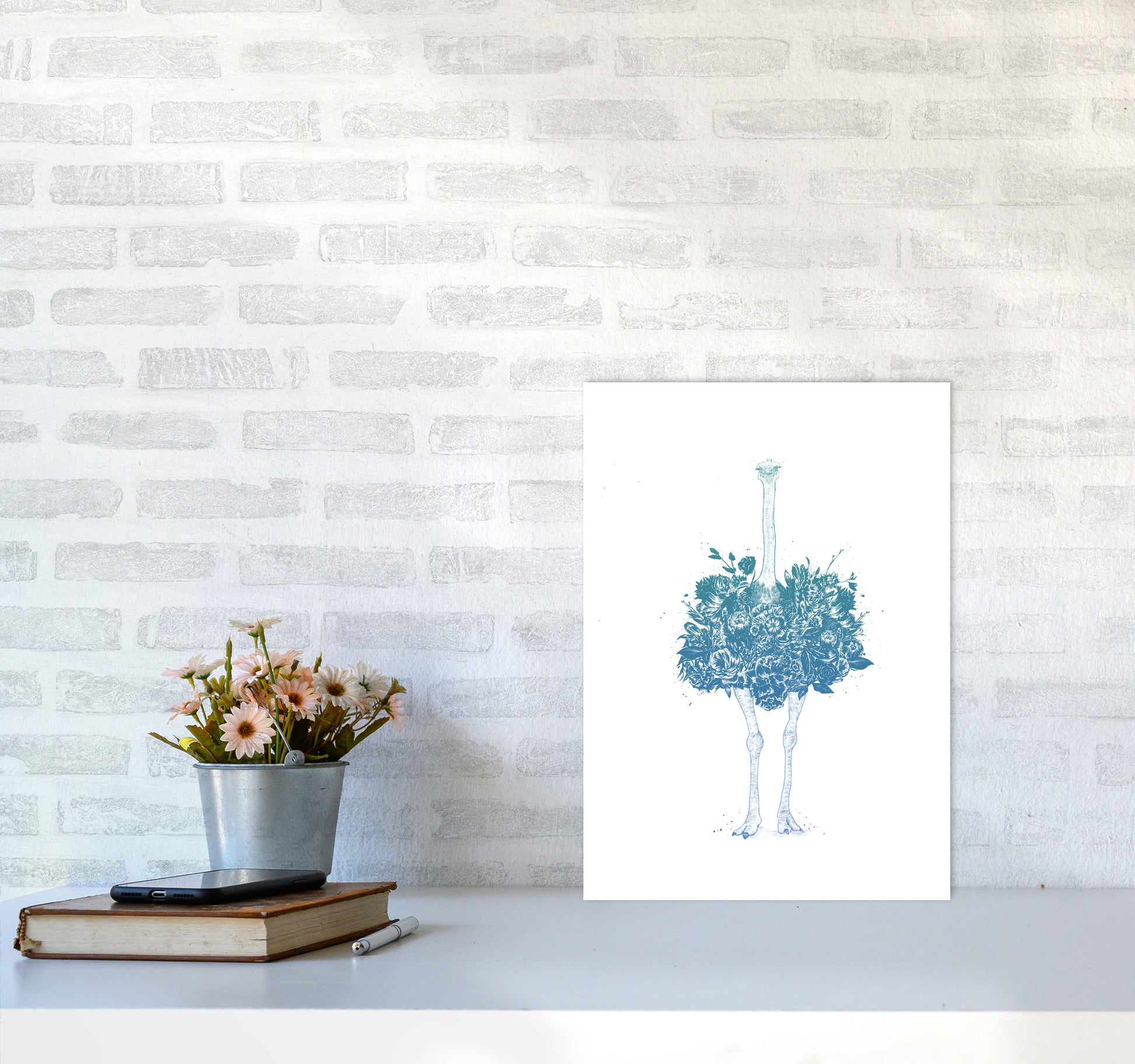 Floral Ostrich Teal Animal Art Print by Balaz Solti A3 Black Frame