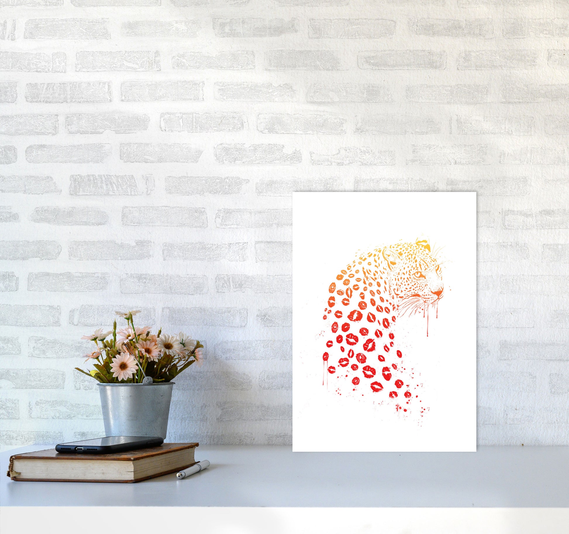 Kiss Me Leopard Animal Art Print by Balaz Solti A3 Black Frame