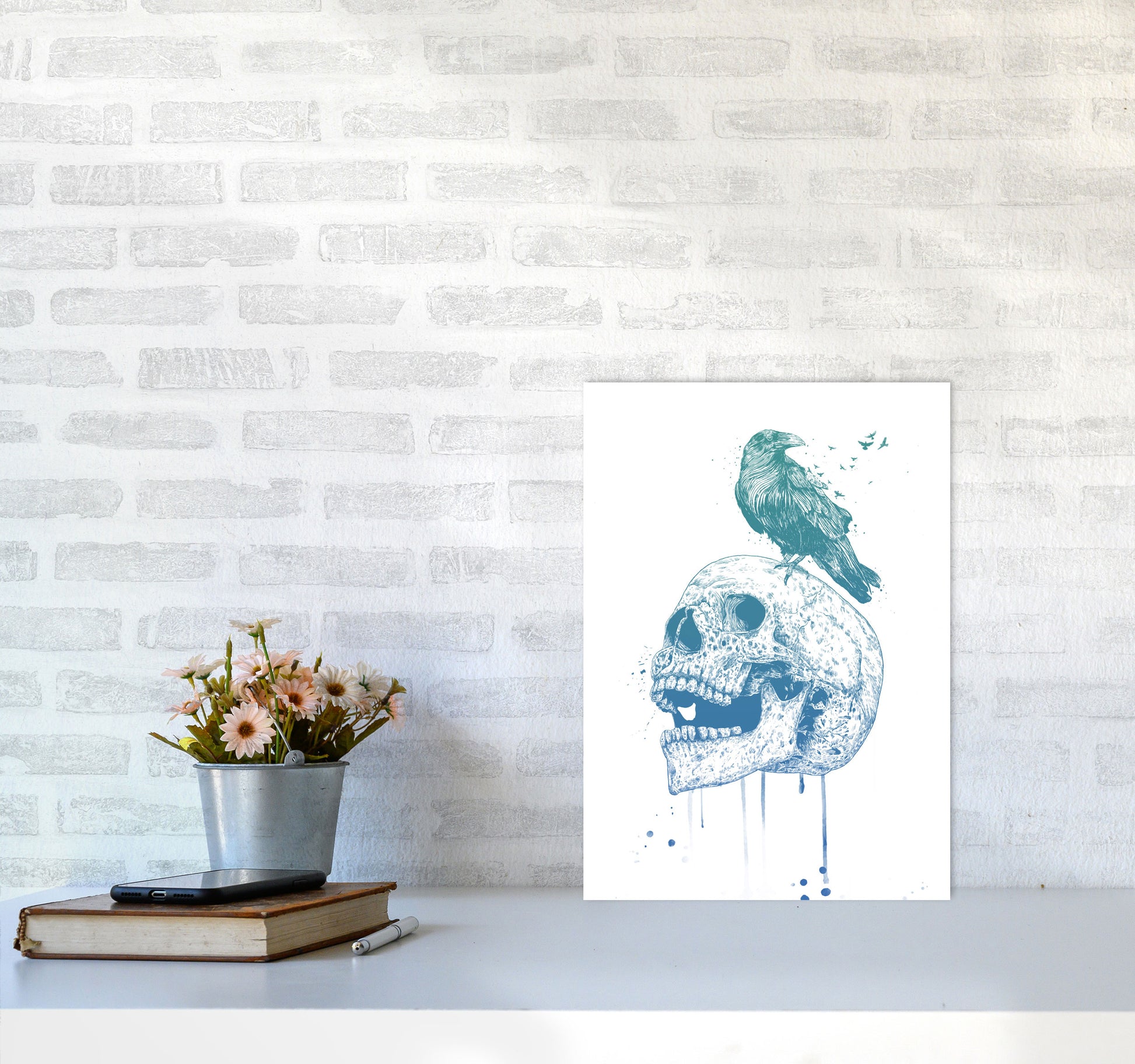 Skull & Raven Colour Animal Art Print by Balaz Solti A3 Black Frame