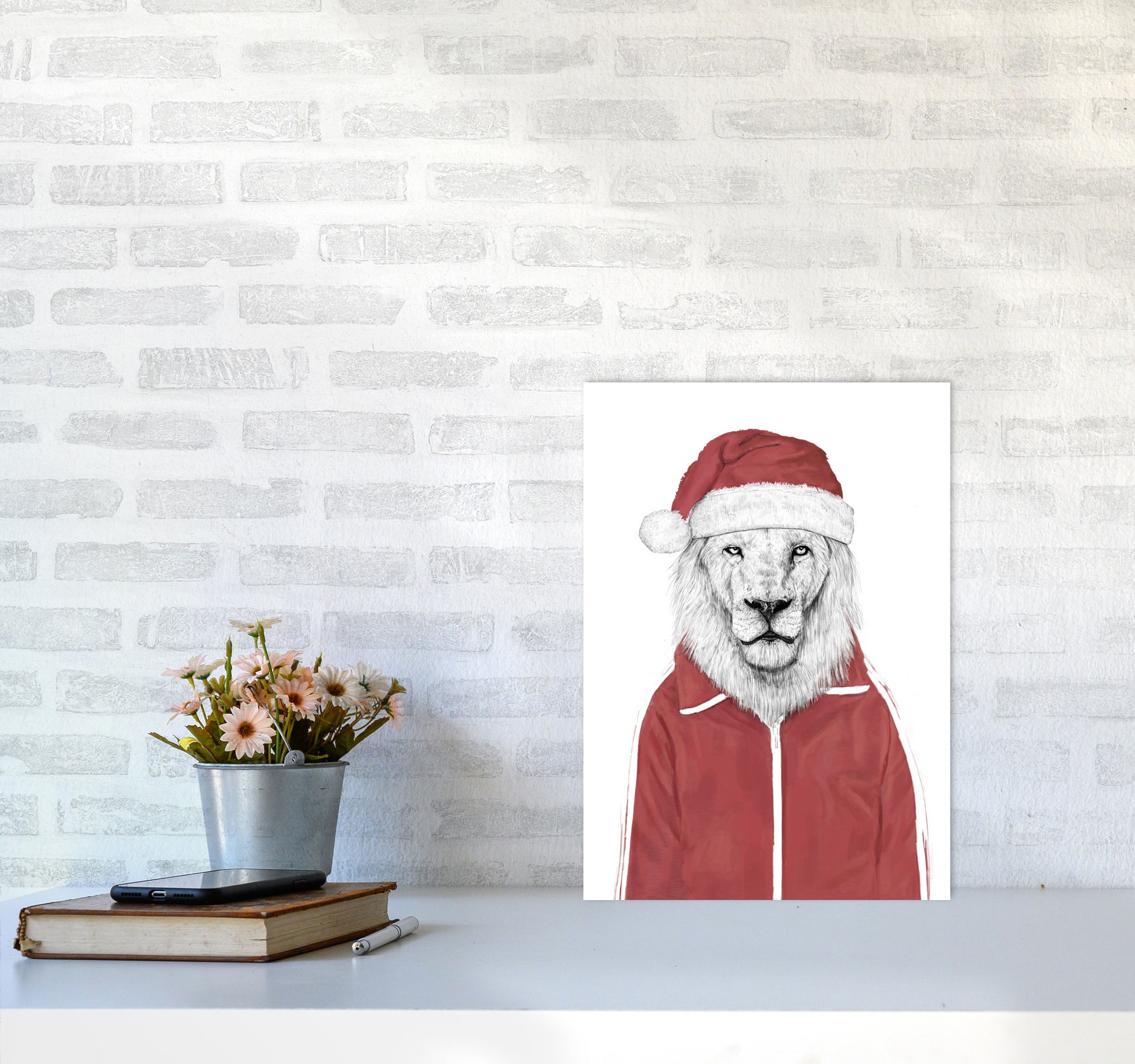 Santa Lion Animal Art Print by Balaz Solti A3 Black Frame