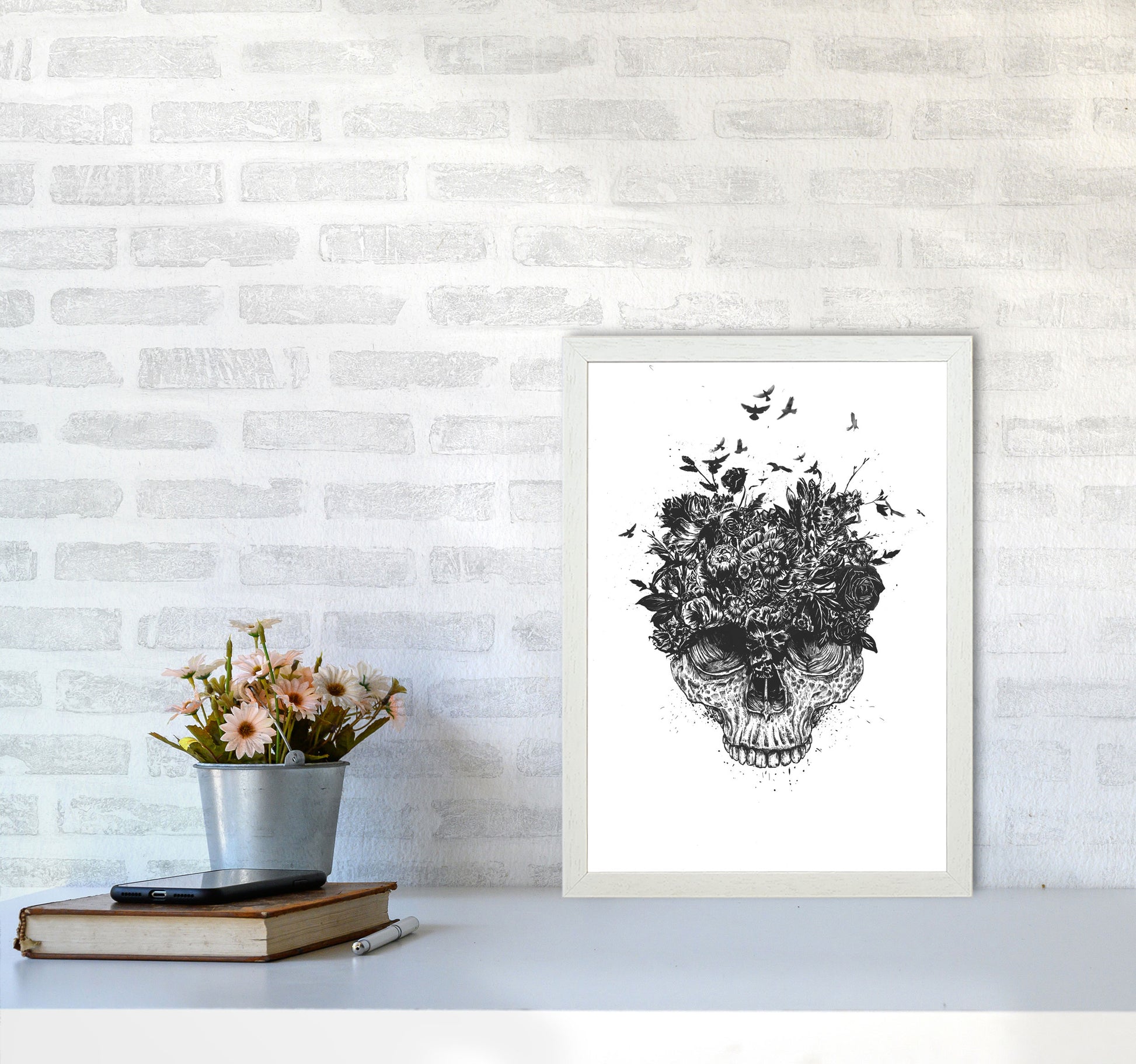 My Head Is A Jungle Skull B&W Art Print by Balaz Solti A3 Oak Frame