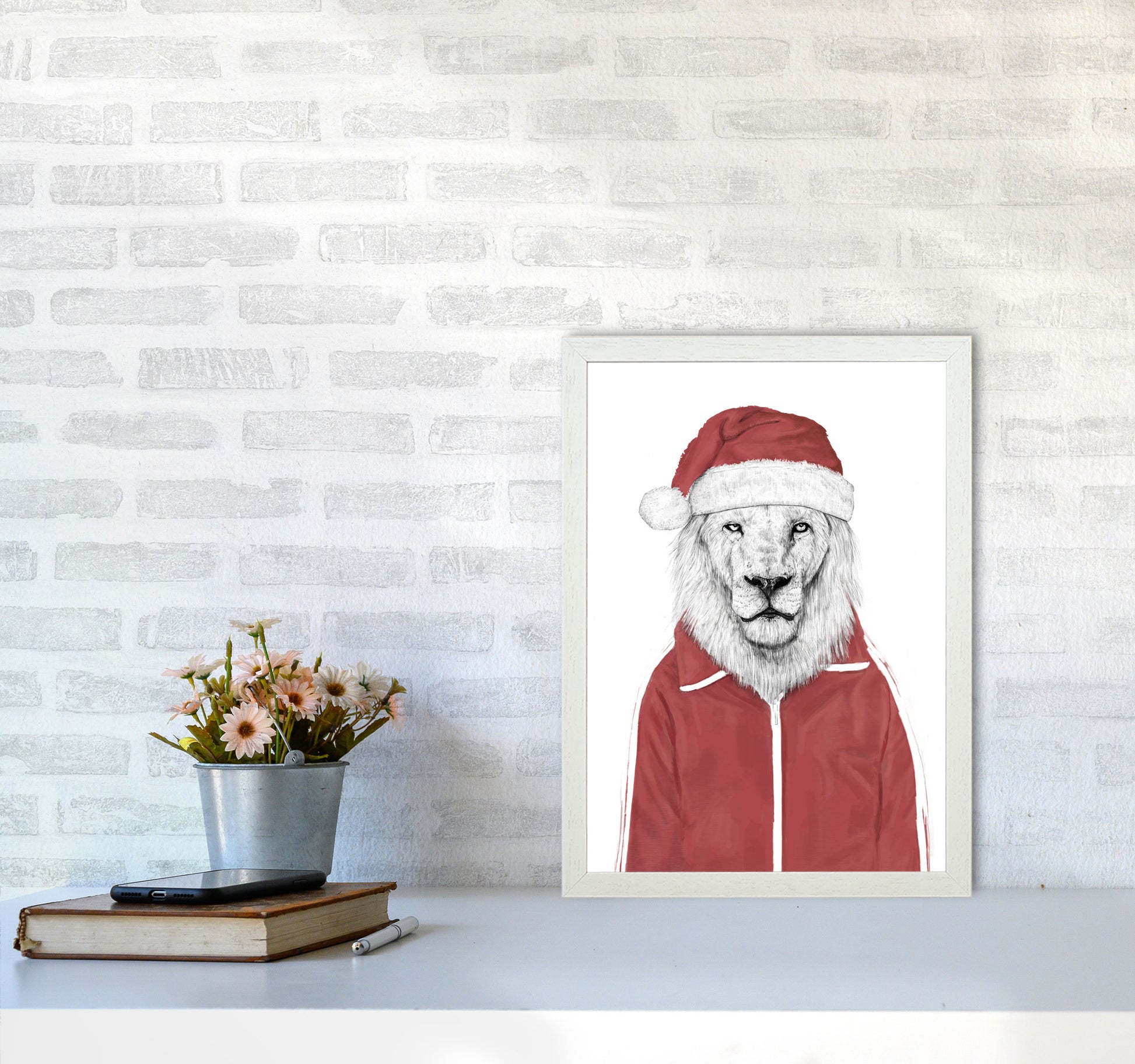Santa Lion Animal Art Print by Balaz Solti A3 Oak Frame