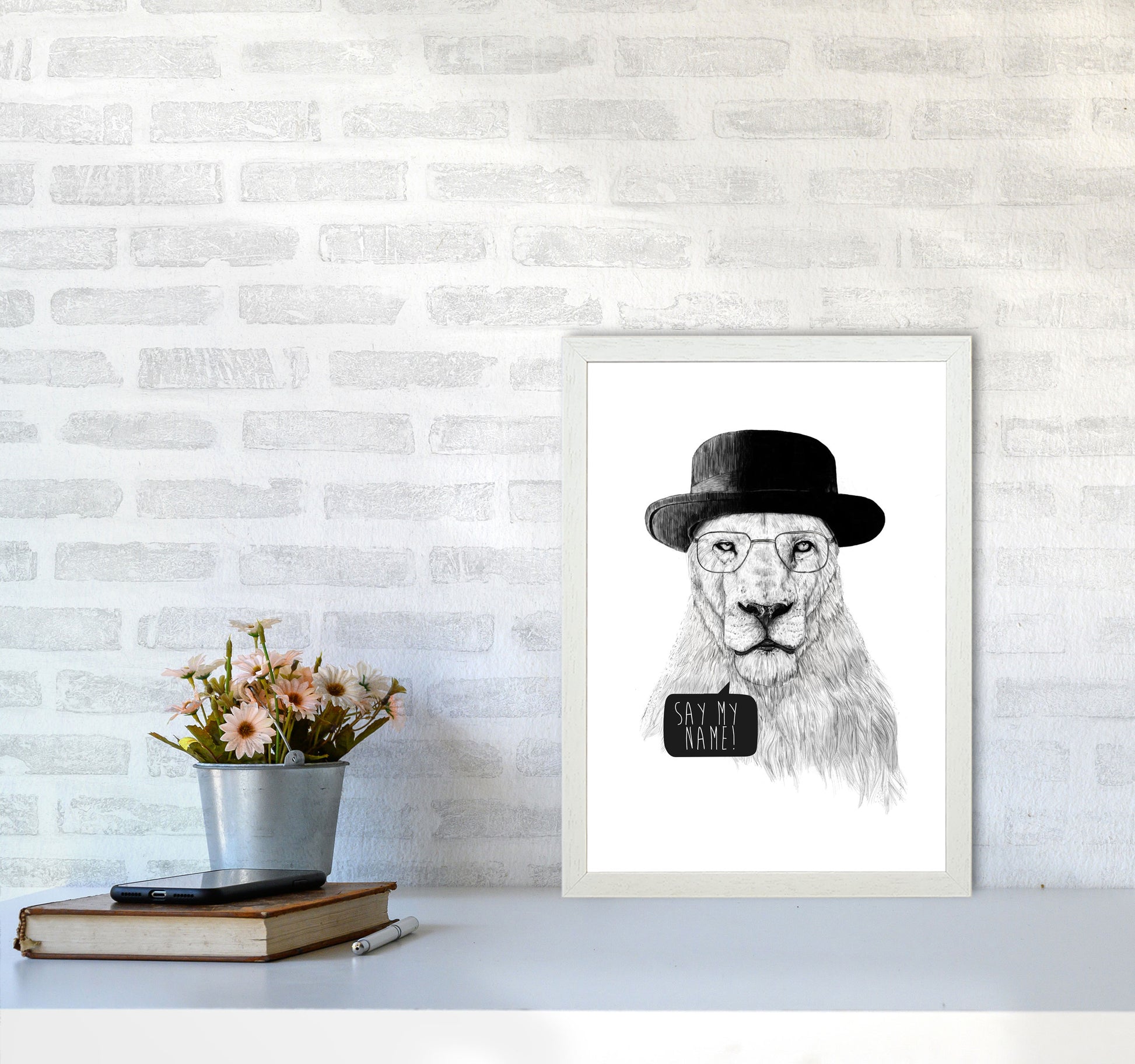 Say My name Lion Animal Art Print by Balaz Solti A3 Oak Frame