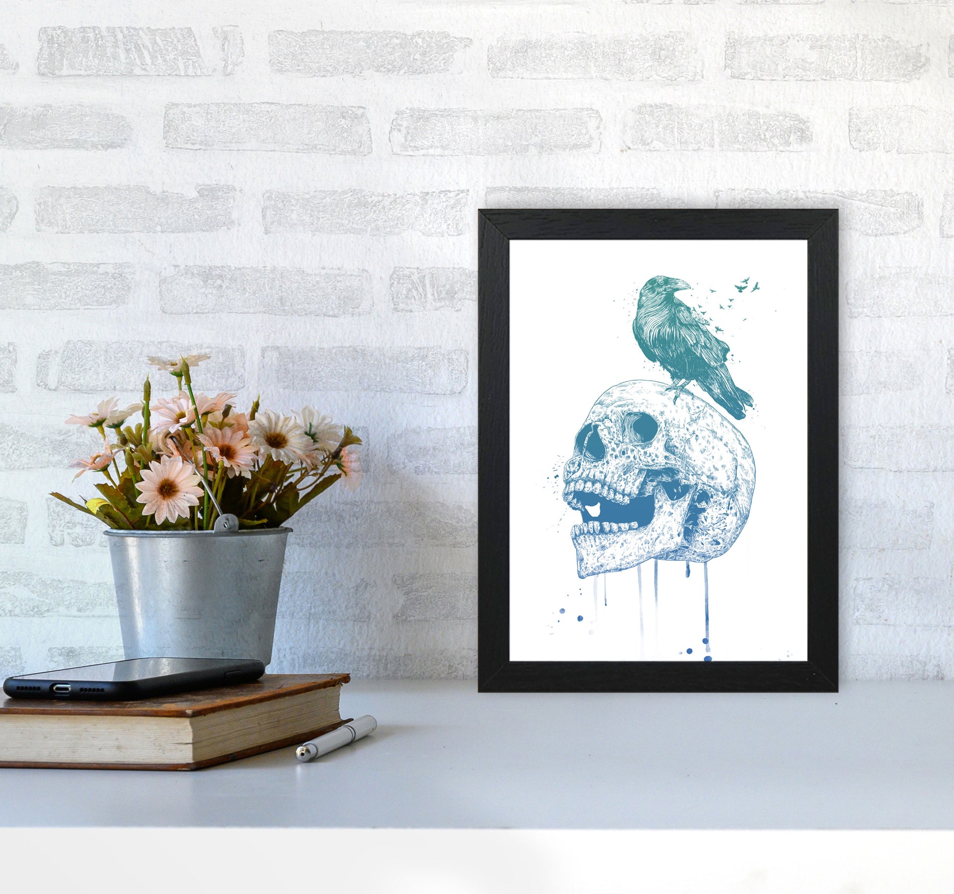 Skull & Raven Colour Animal Art Print by Balaz Solti A4 White Frame