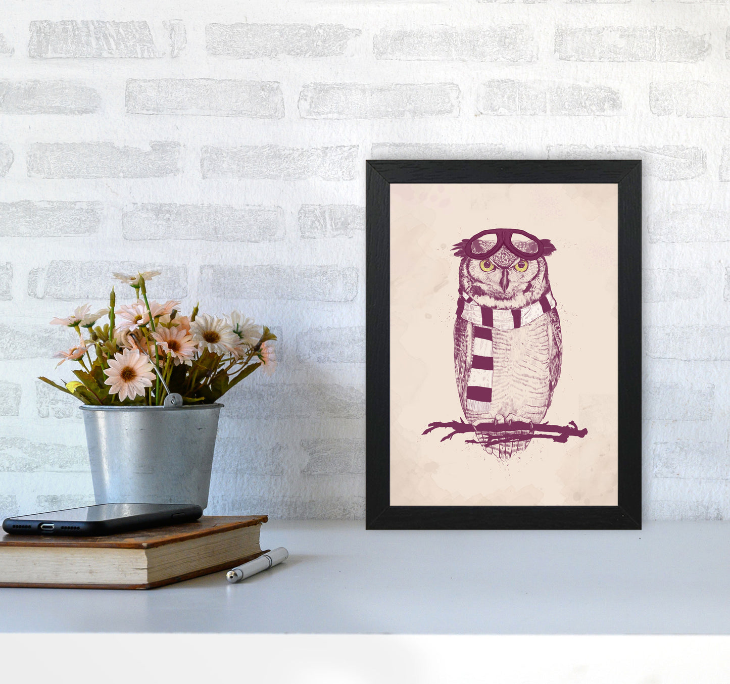 The Aviator Owl Animal Art Print by Balaz Solti A4 White Frame