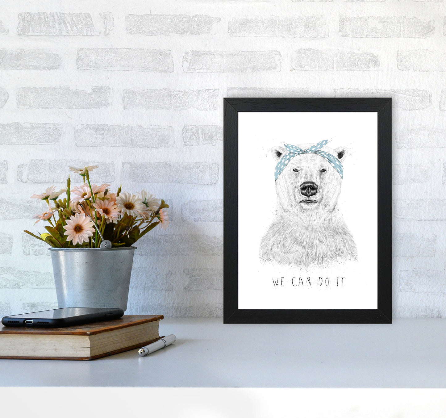 We Can Do It Bear Animal Art Print by Balaz Solti A4 White Frame