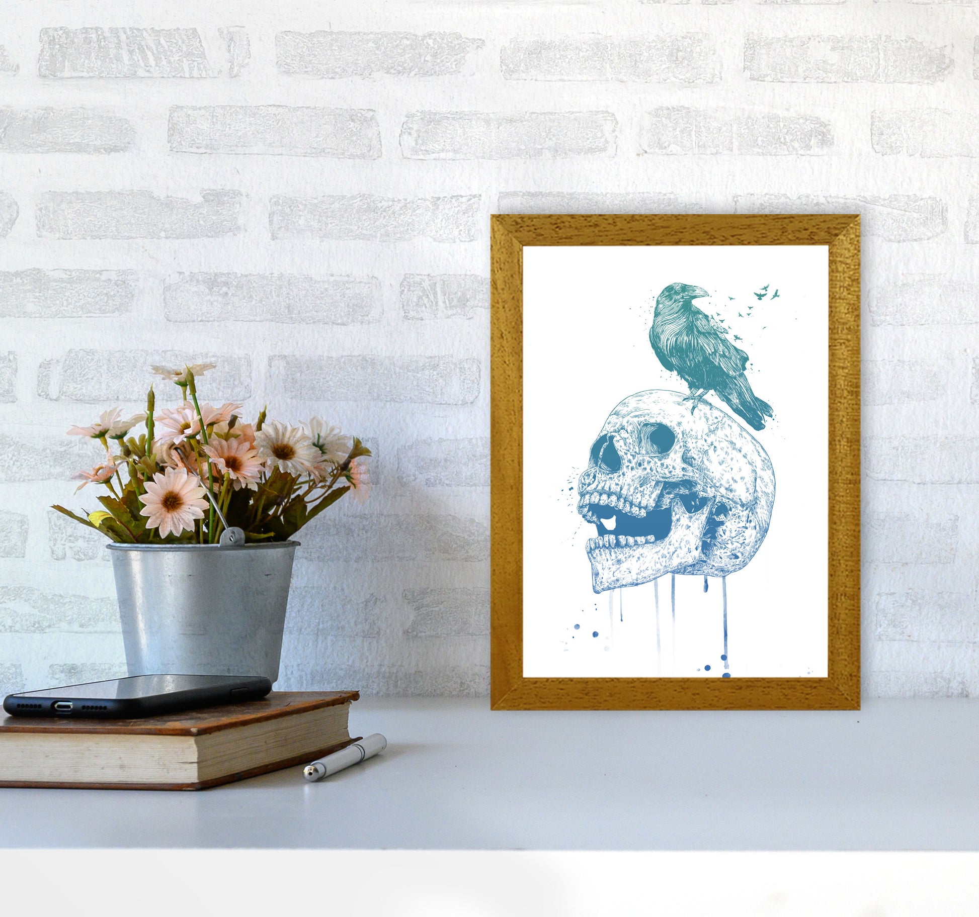 Skull & Raven Colour Animal Art Print by Balaz Solti A4 Print Only