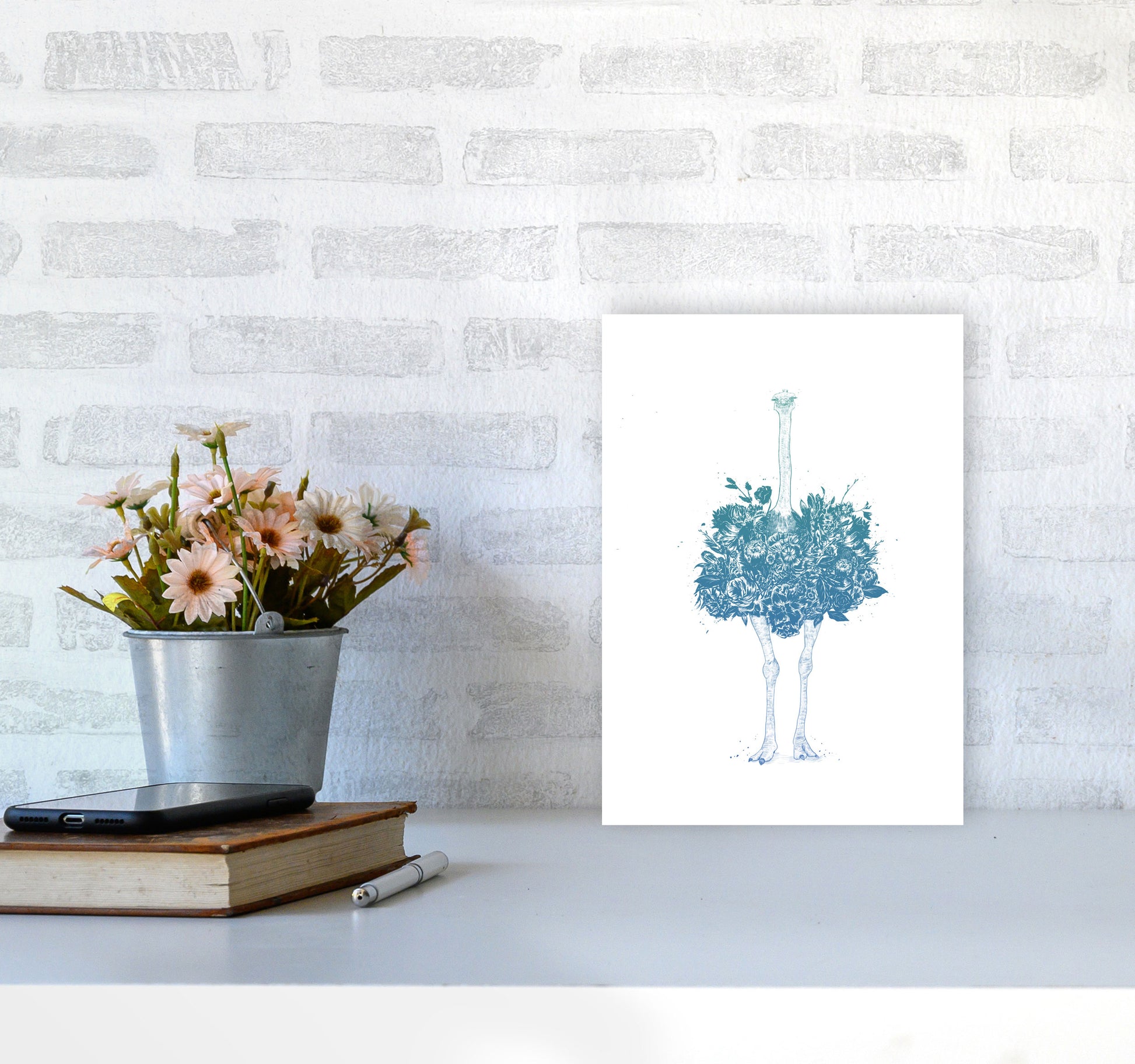 Floral Ostrich Teal Animal Art Print by Balaz Solti A4 Black Frame