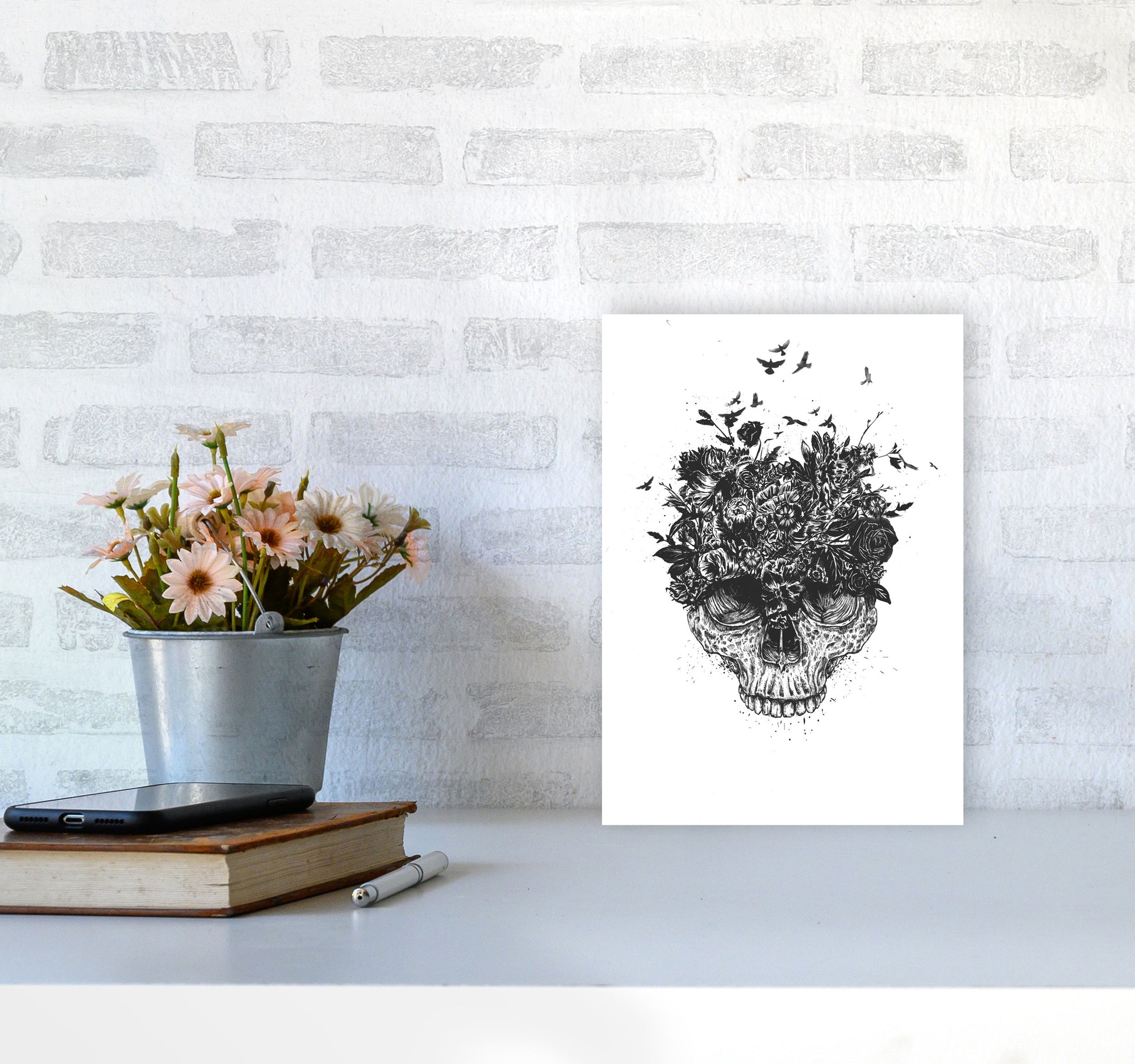 My Head Is A Jungle Skull B&W Art Print by Balaz Solti A4 Black Frame