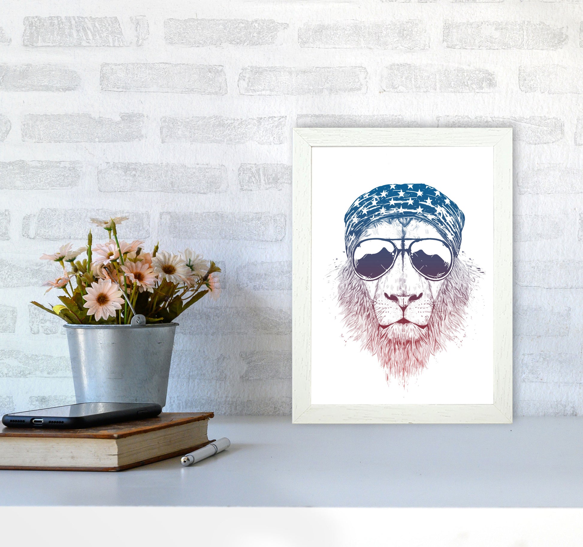 Wild Lion Colour Animal Art Print by Balaz Solti A4 Oak Frame