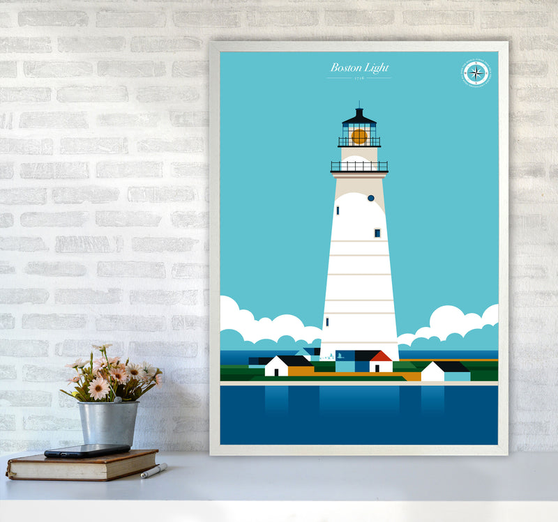 Boston Light Art Print by Bo Lundberg A1 Oak Frame
