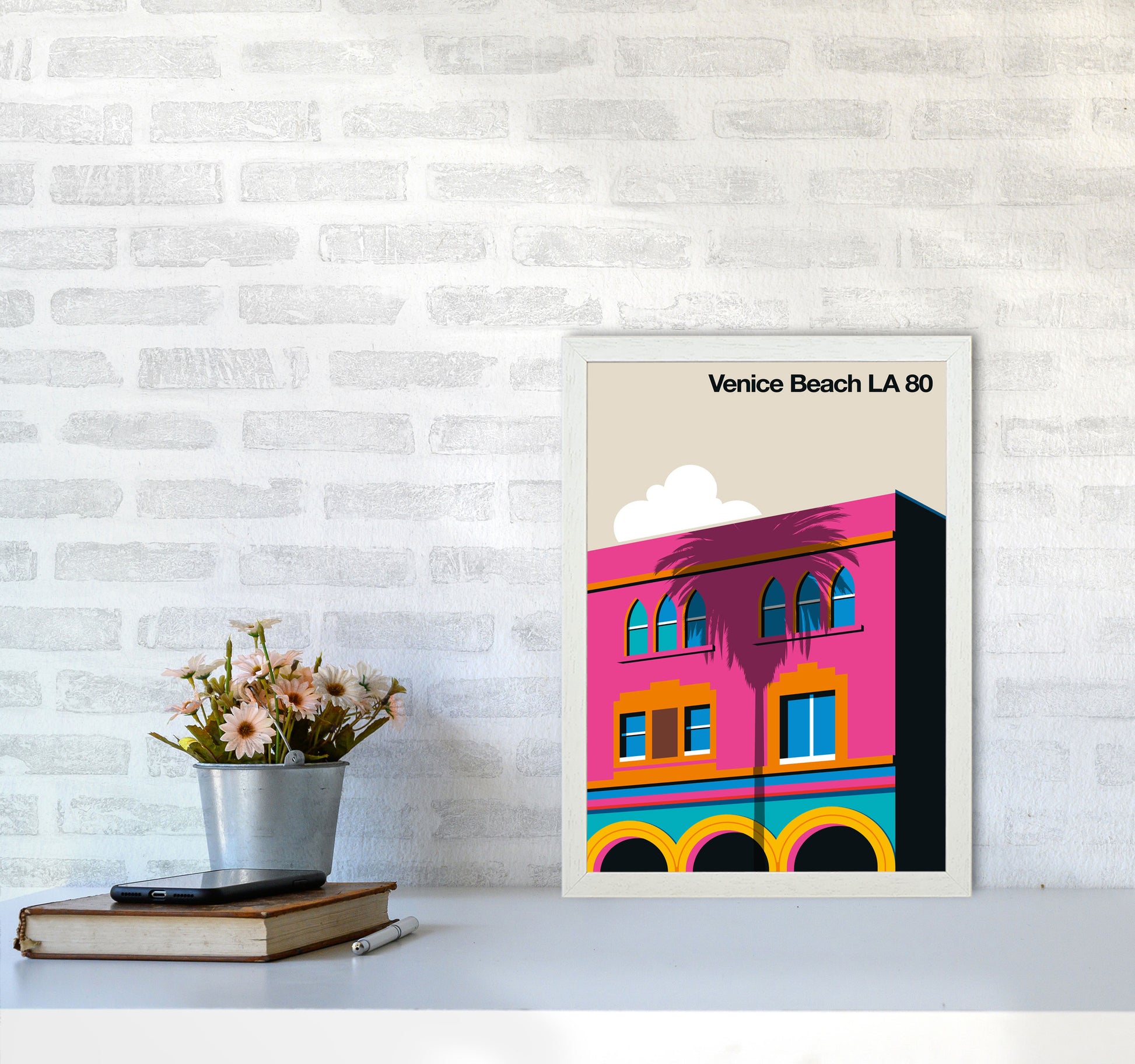 Venice Beach 80 Art Print by Bo Lundberg A3 Oak Frame