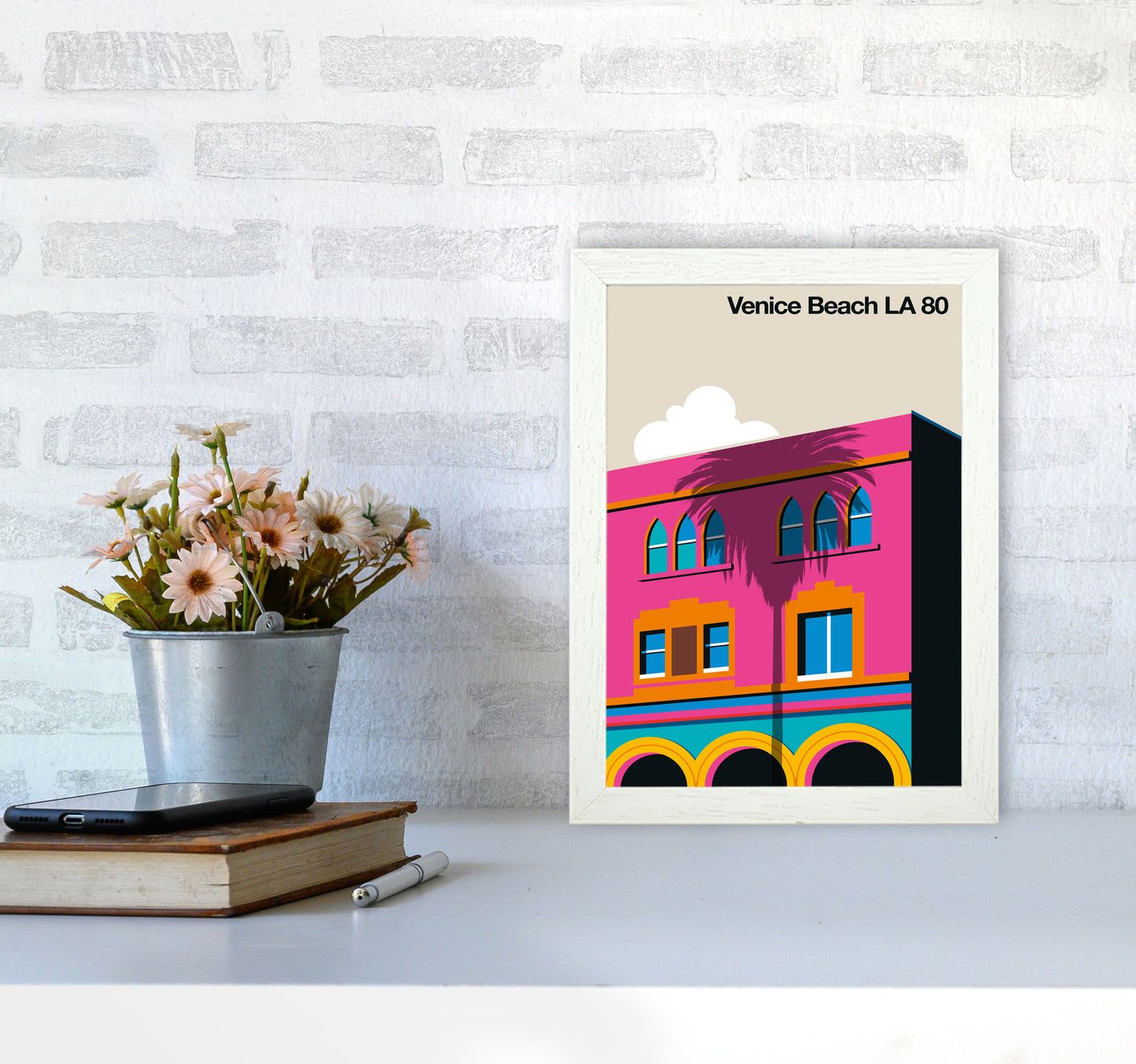 Venice Beach 80 Art Print by Bo Lundberg A4 Oak Frame
