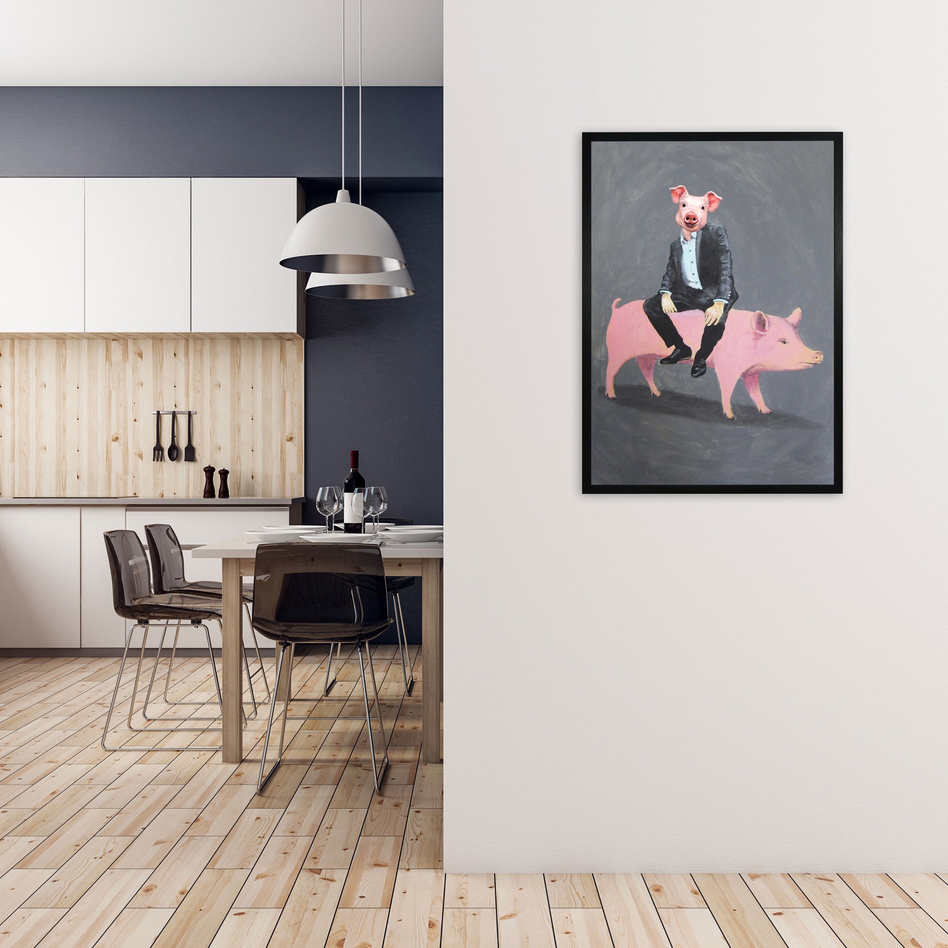 Pig Sitting On A Pig Art Print by Coco Deparis A1 White Frame