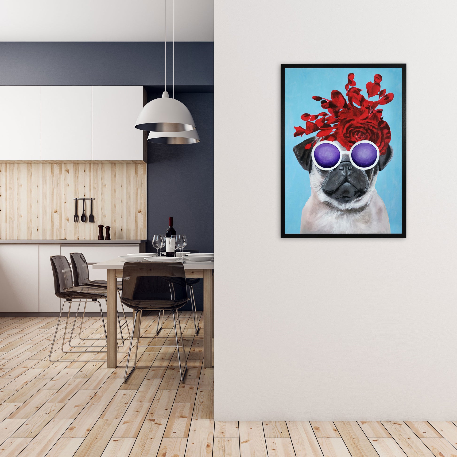 Fashion Pug Blue Art Print by Coco Deparis A1 White Frame