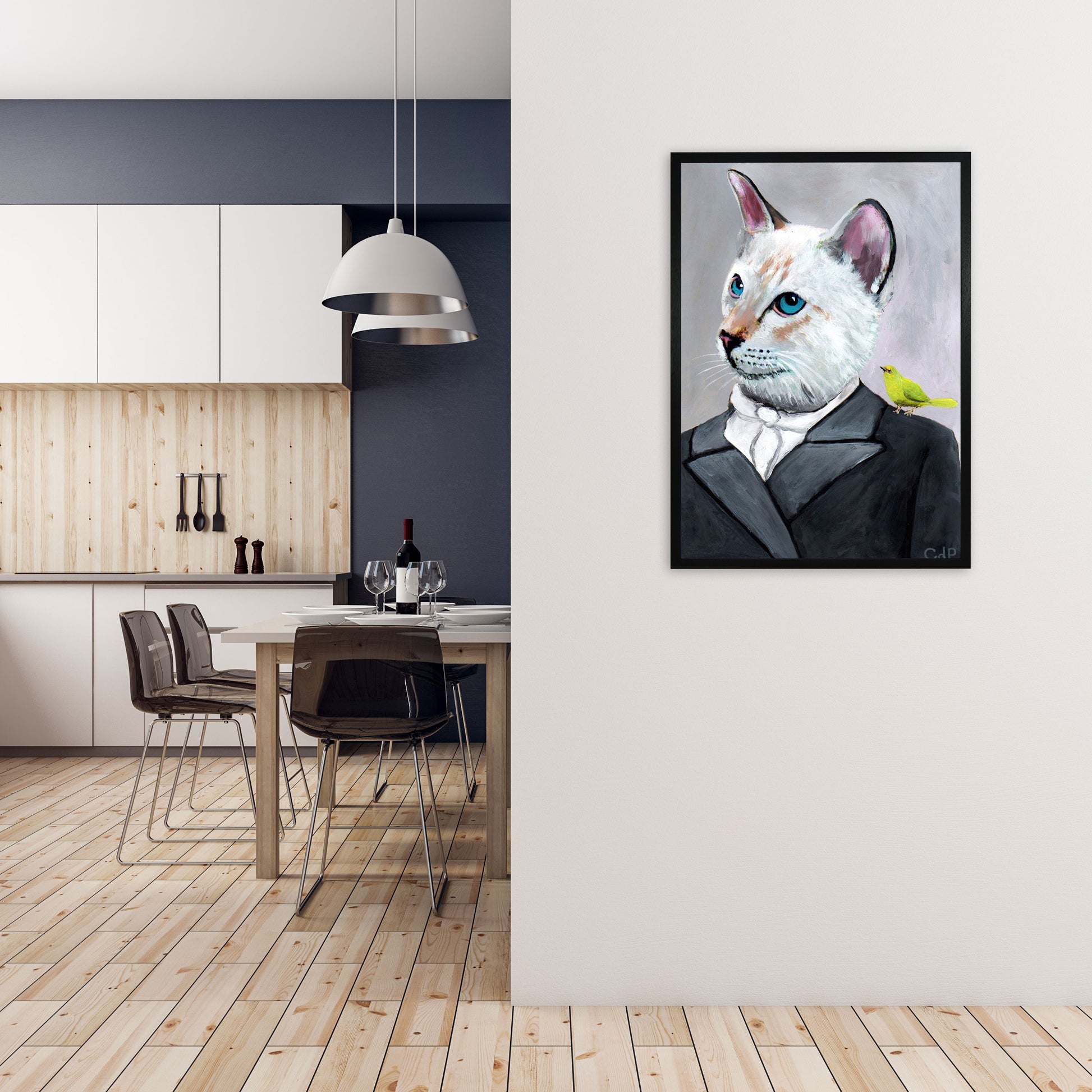 Cat With Bird Art Print by Coco Deparis A1 White Frame