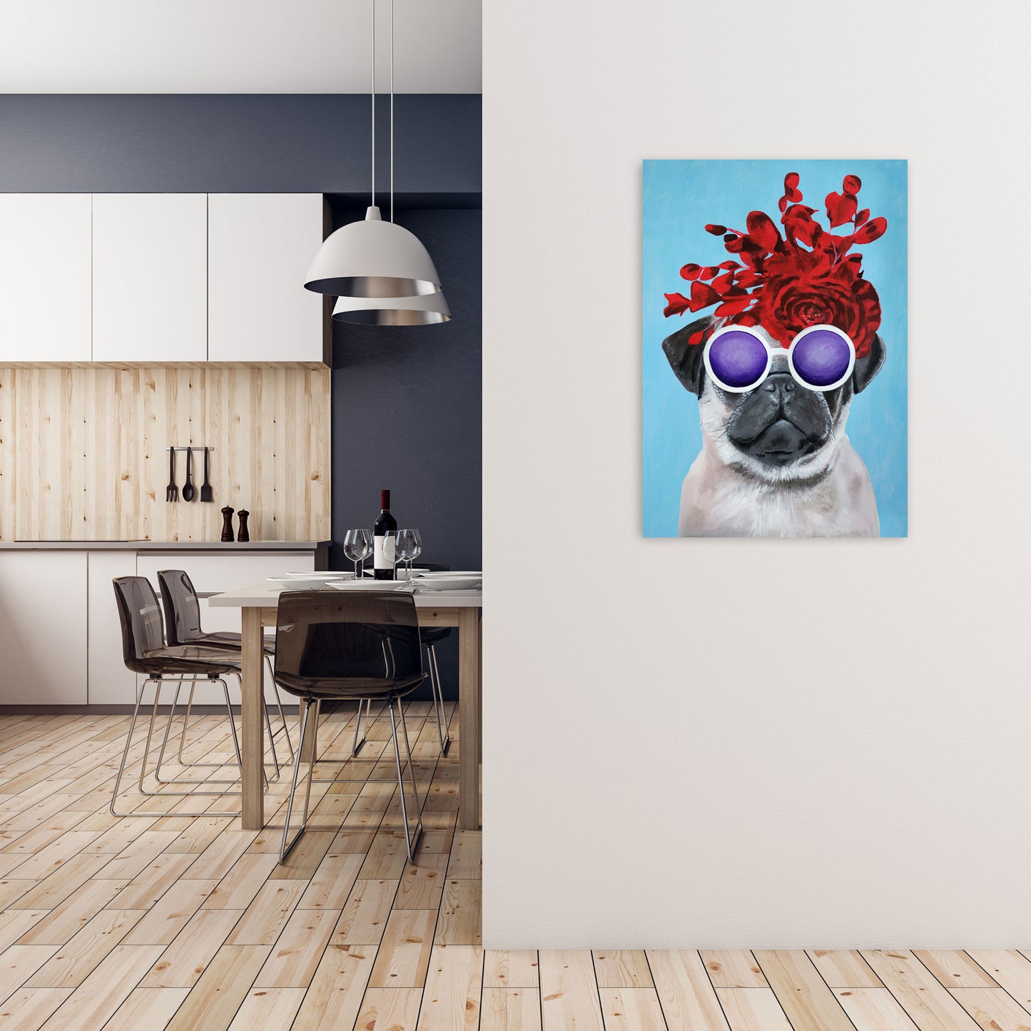 Fashion Pug Blue Art Print by Coco Deparis A1 Black Frame