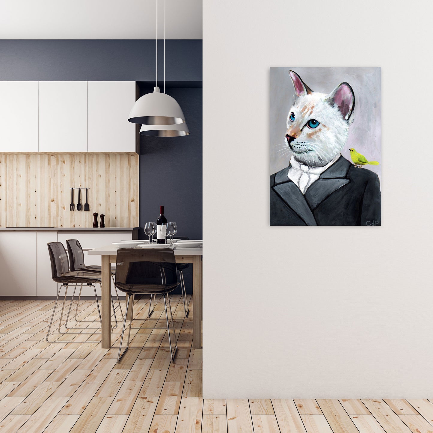 Cat With Bird Art Print by Coco Deparis A1 Black Frame