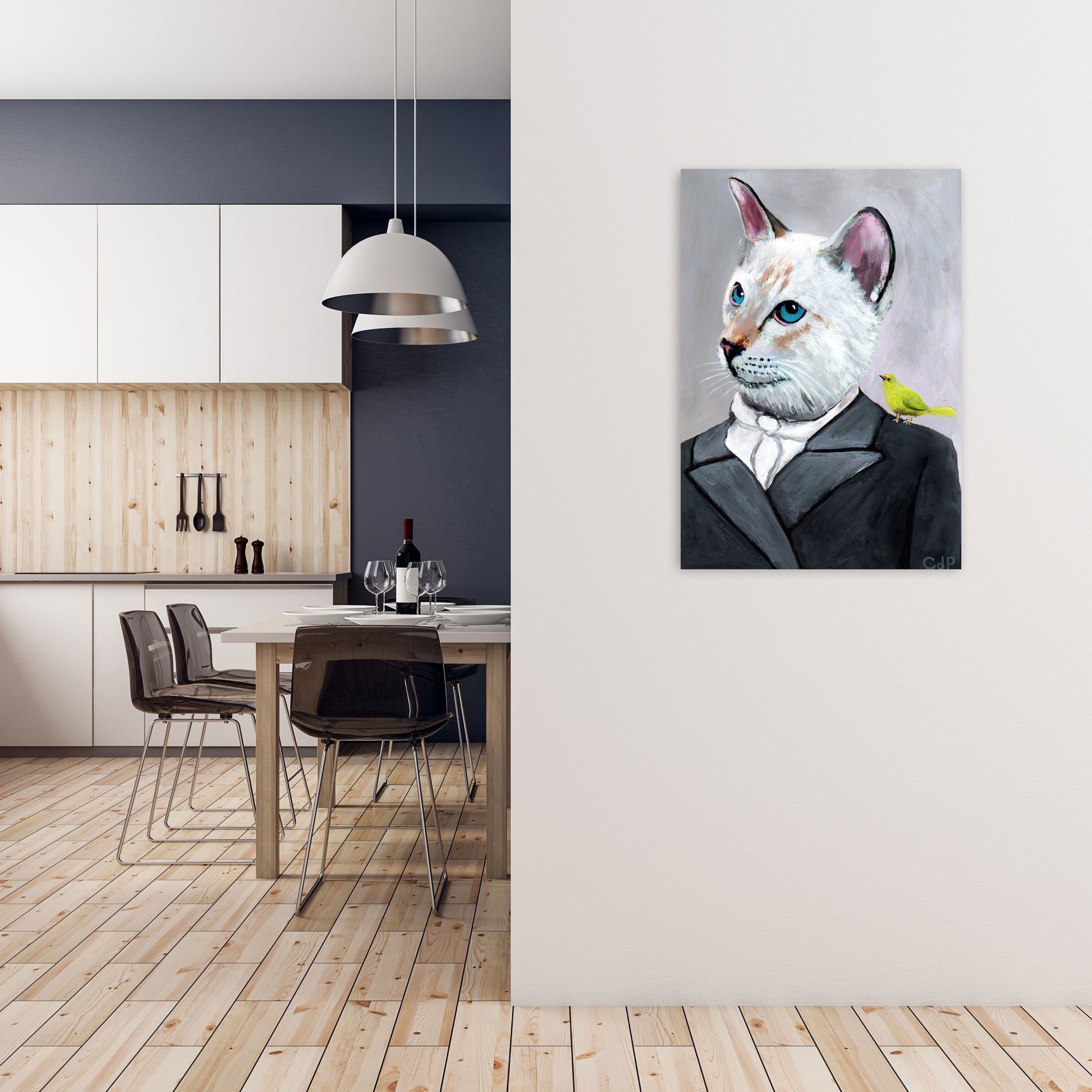 Cat With Bird Art Print by Coco Deparis A1 Black Frame