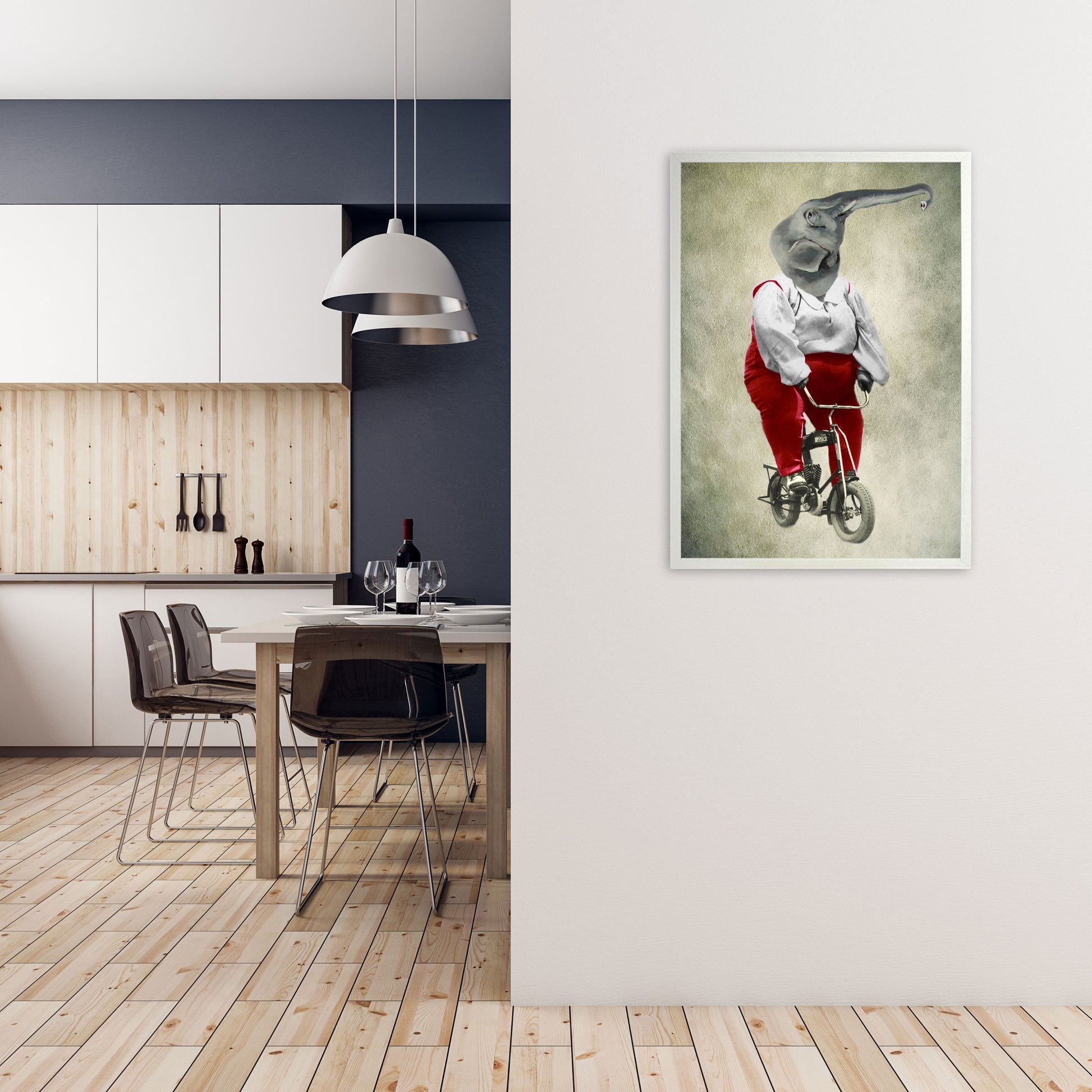 Elephant On Bicycle 02 Art Print by Coco Deparis A1 Oak Frame