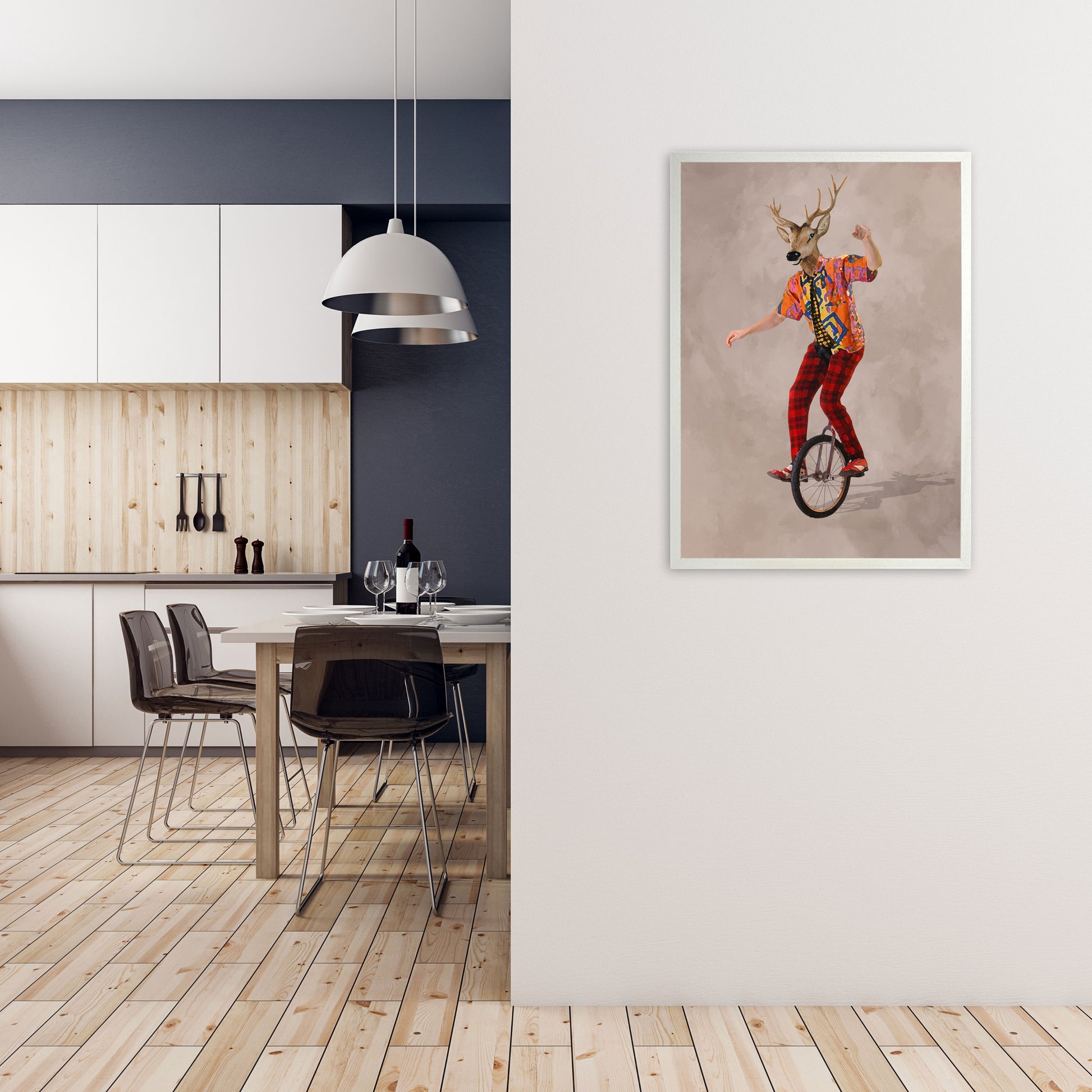 Deer On One Wheel Art Print by Coco Deparis A1 Oak Frame