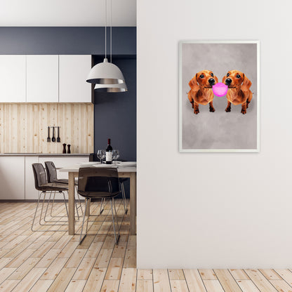 Daschunds With Chewinggum Art Print by Coco Deparis A1 Oak Frame