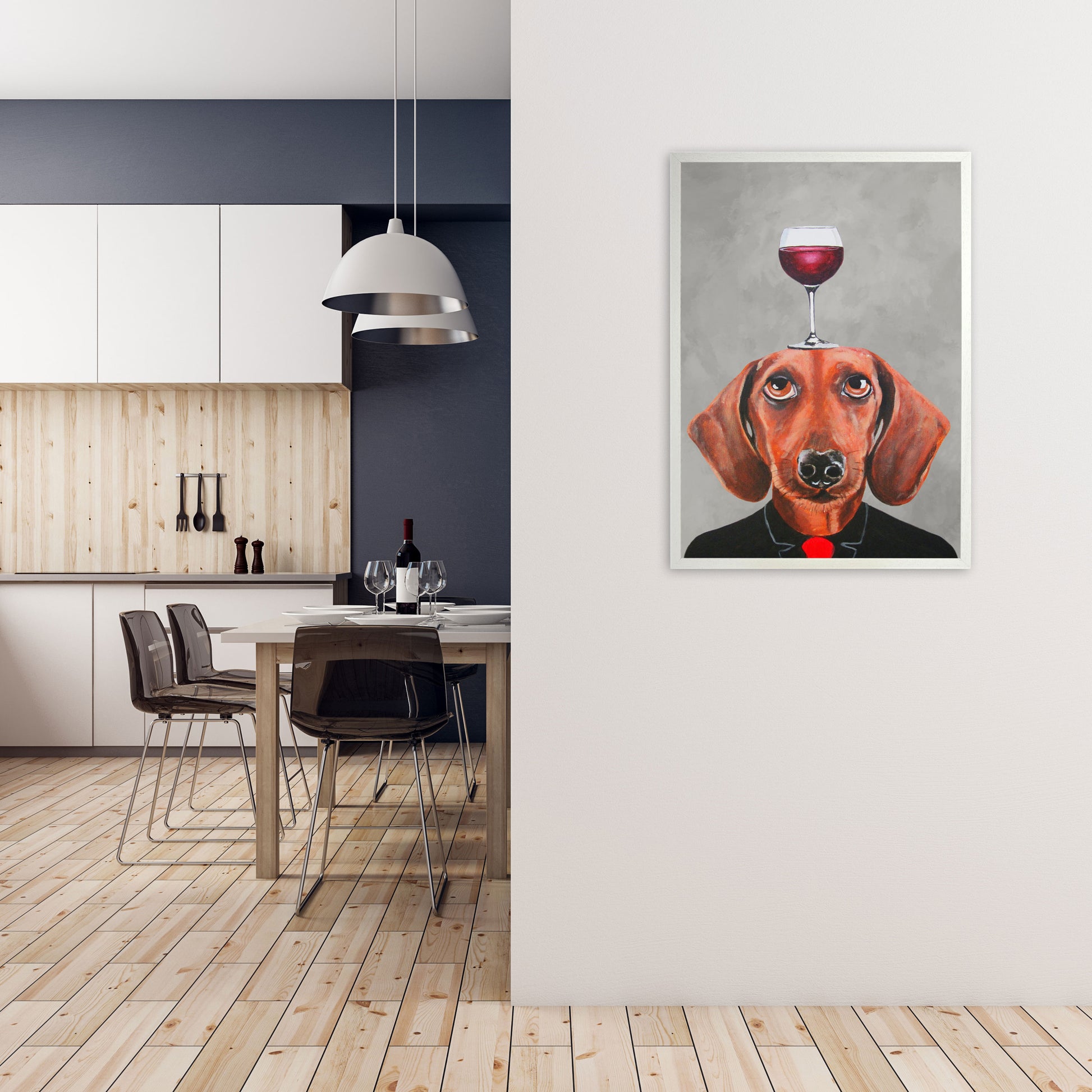 Daschund With Wineglass Art Print by Coco Deparis A1 Oak Frame