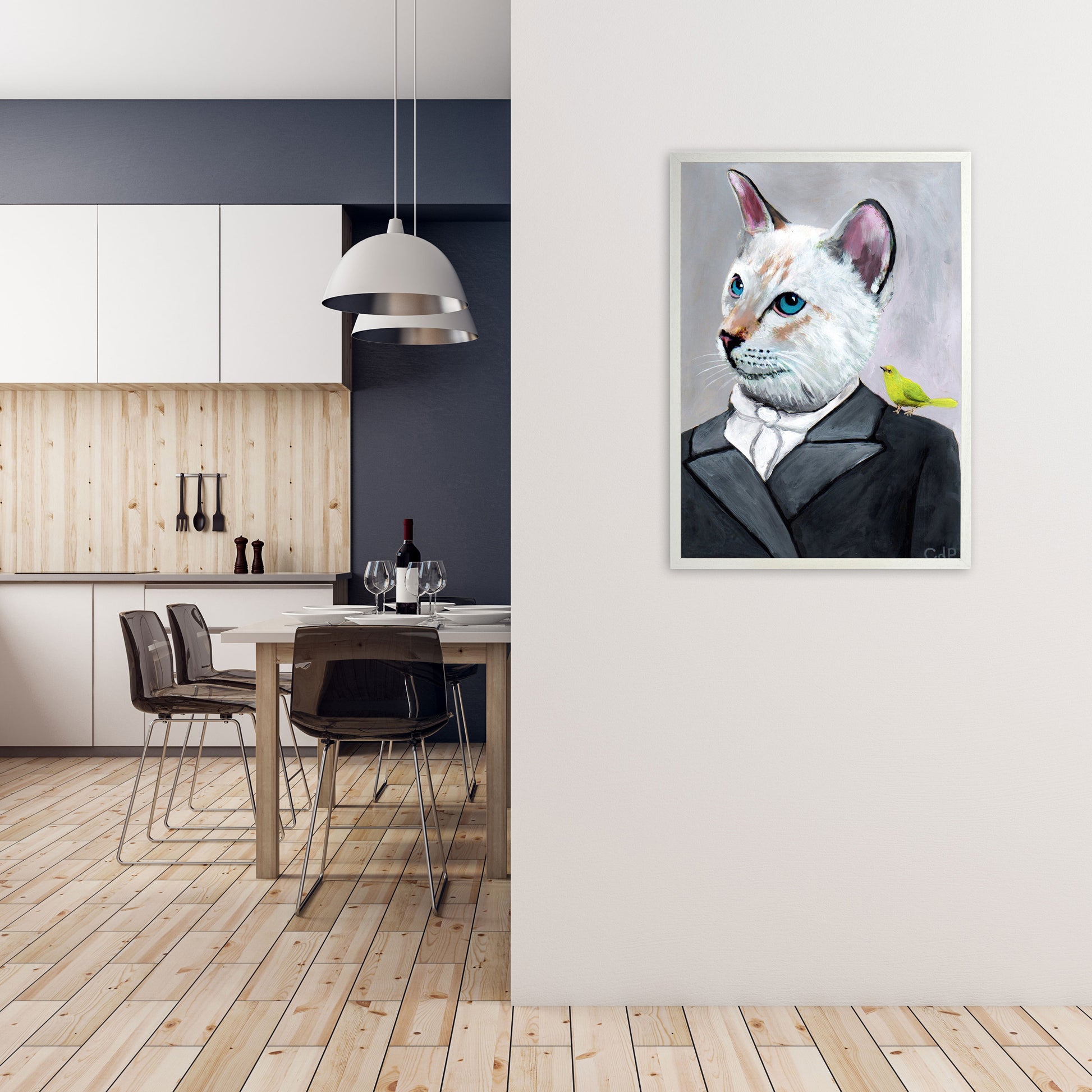 Cat With Bird Art Print by Coco Deparis A1 Oak Frame