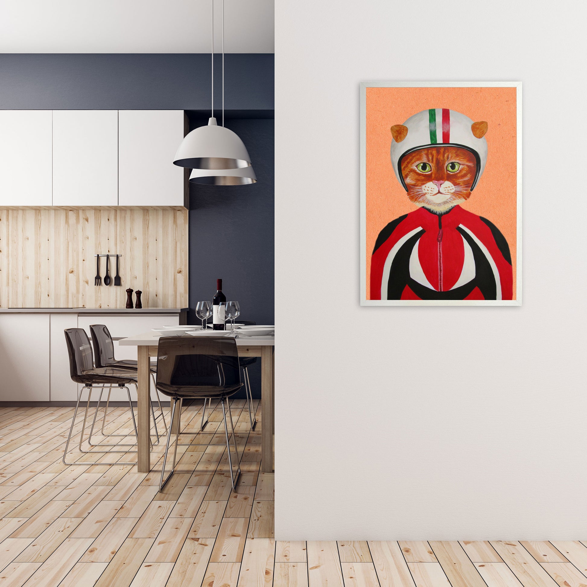Cat With Helmet Art Print by Coco Deparis A1 Oak Frame