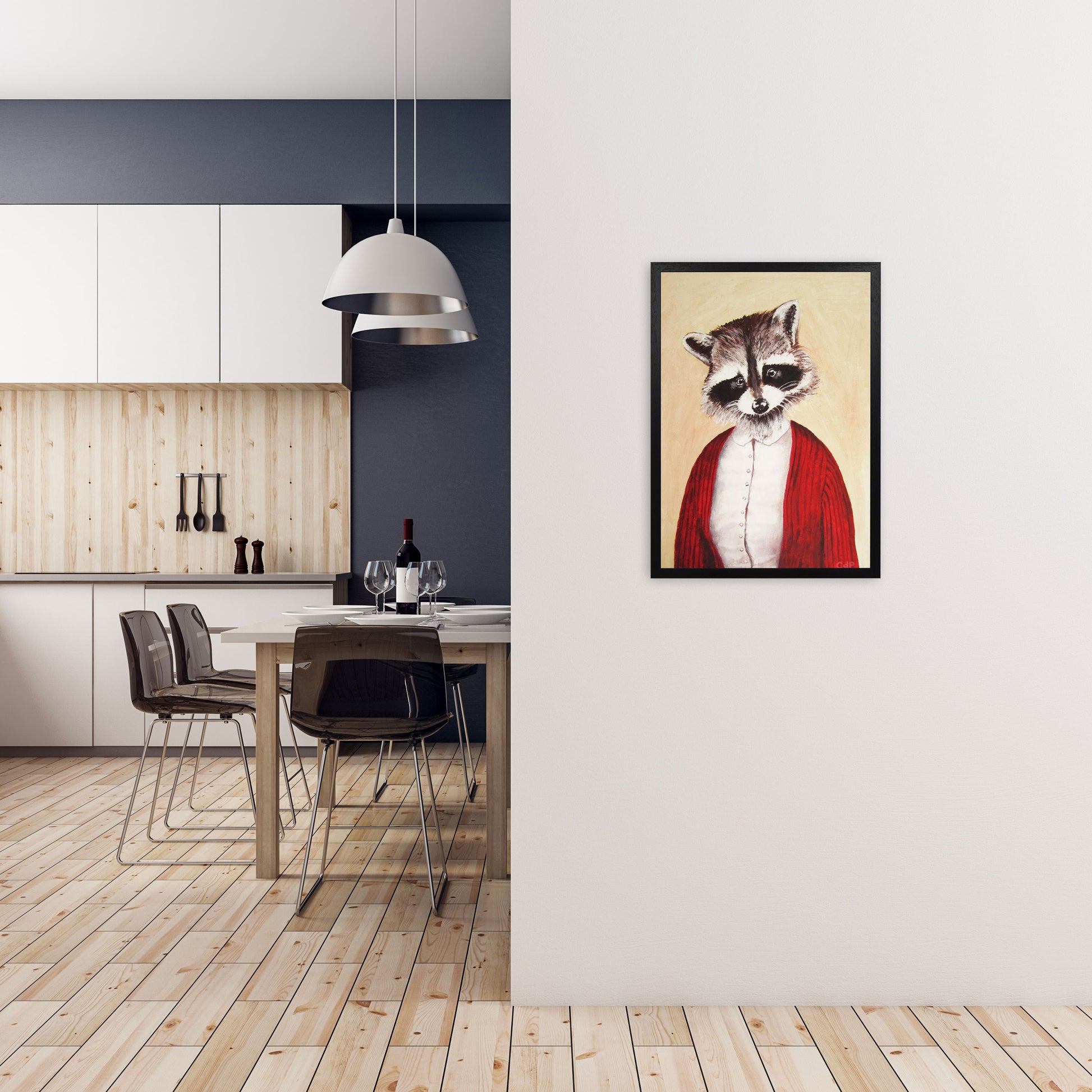 Racoon Art Print by Coco Deparis A2 White Frame