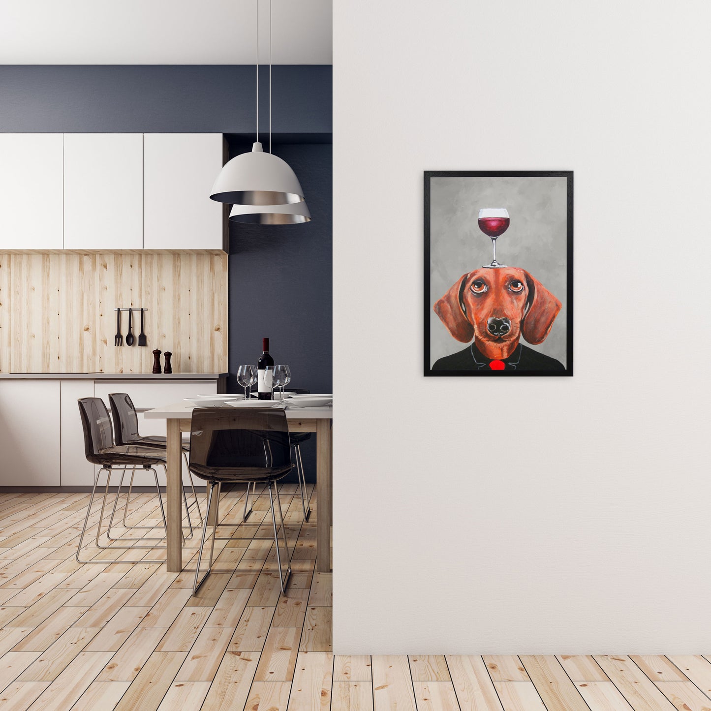 Daschund With Wineglass Art Print by Coco Deparis A2 White Frame
