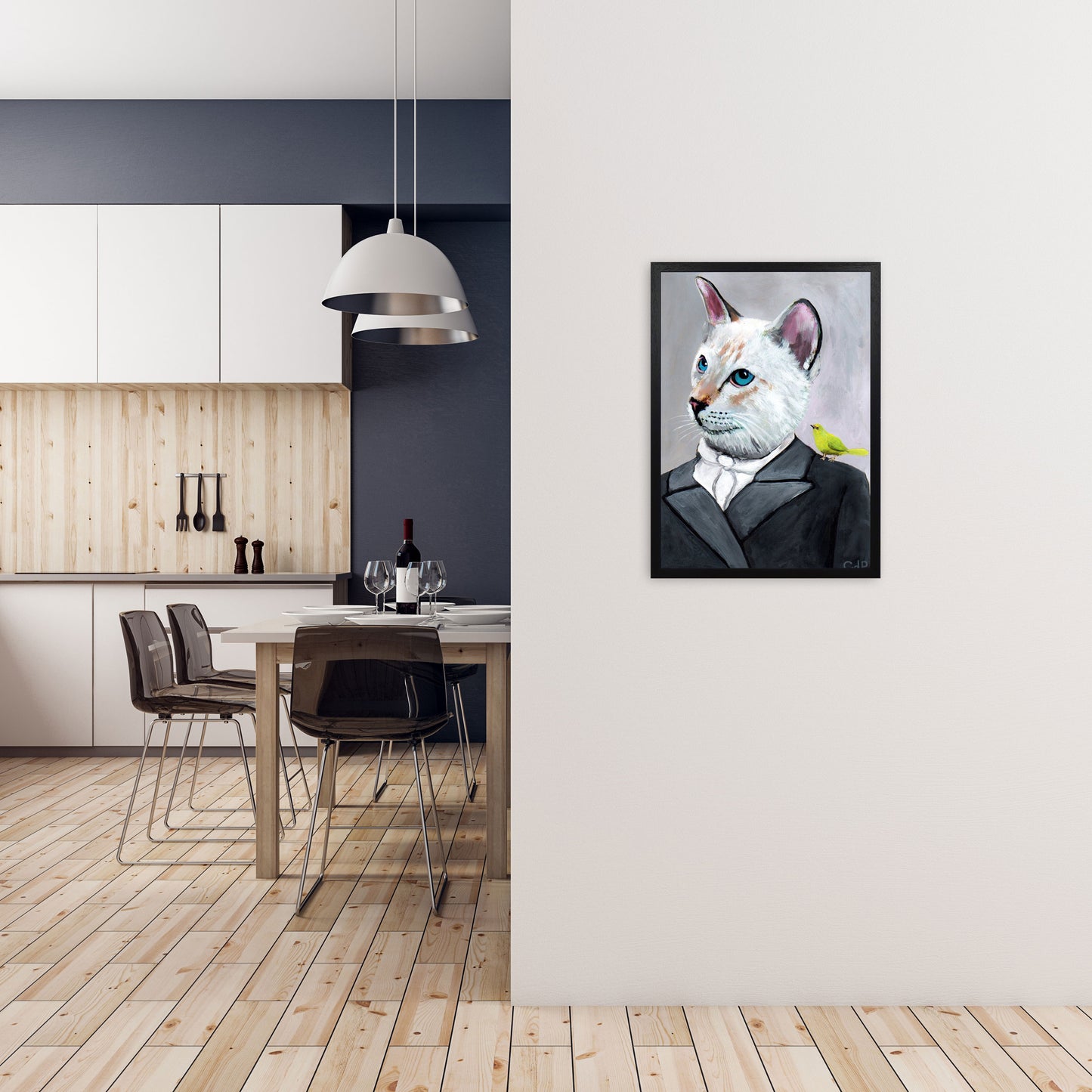 Cat With Bird Art Print by Coco Deparis A2 White Frame