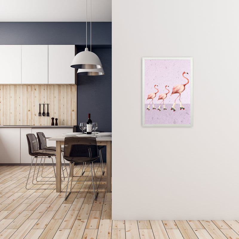 Flamingos Rollerskate Familly Art Print by Coco Deparis A2 Oak Frame