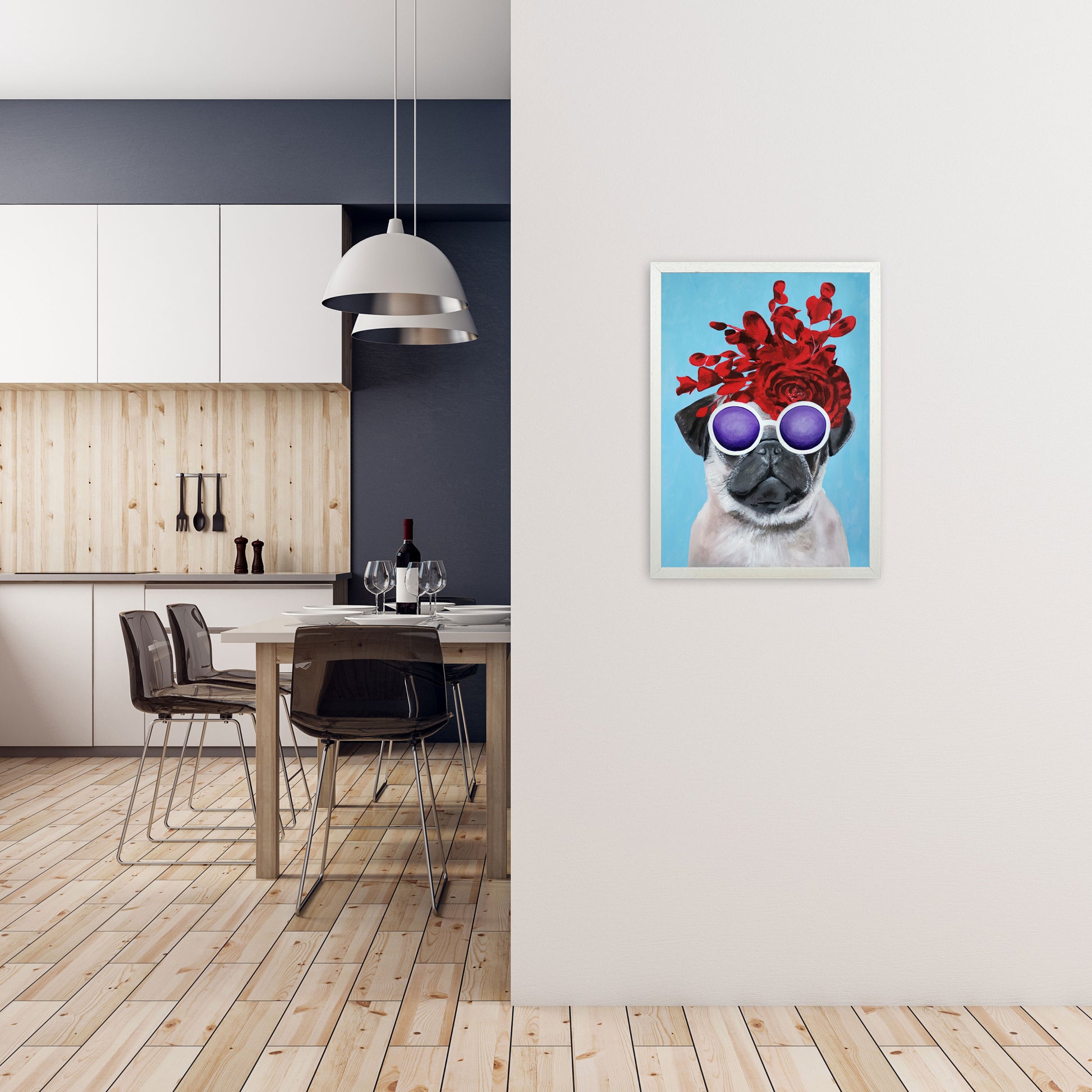 Fashion Pug Blue Art Print by Coco Deparis A2 Oak Frame