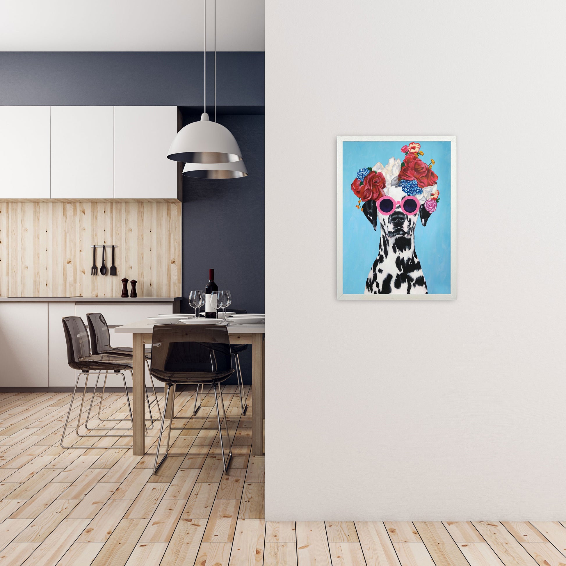 Fashion Dalmatian Blue Art Print by Coco Deparis A2 Oak Frame