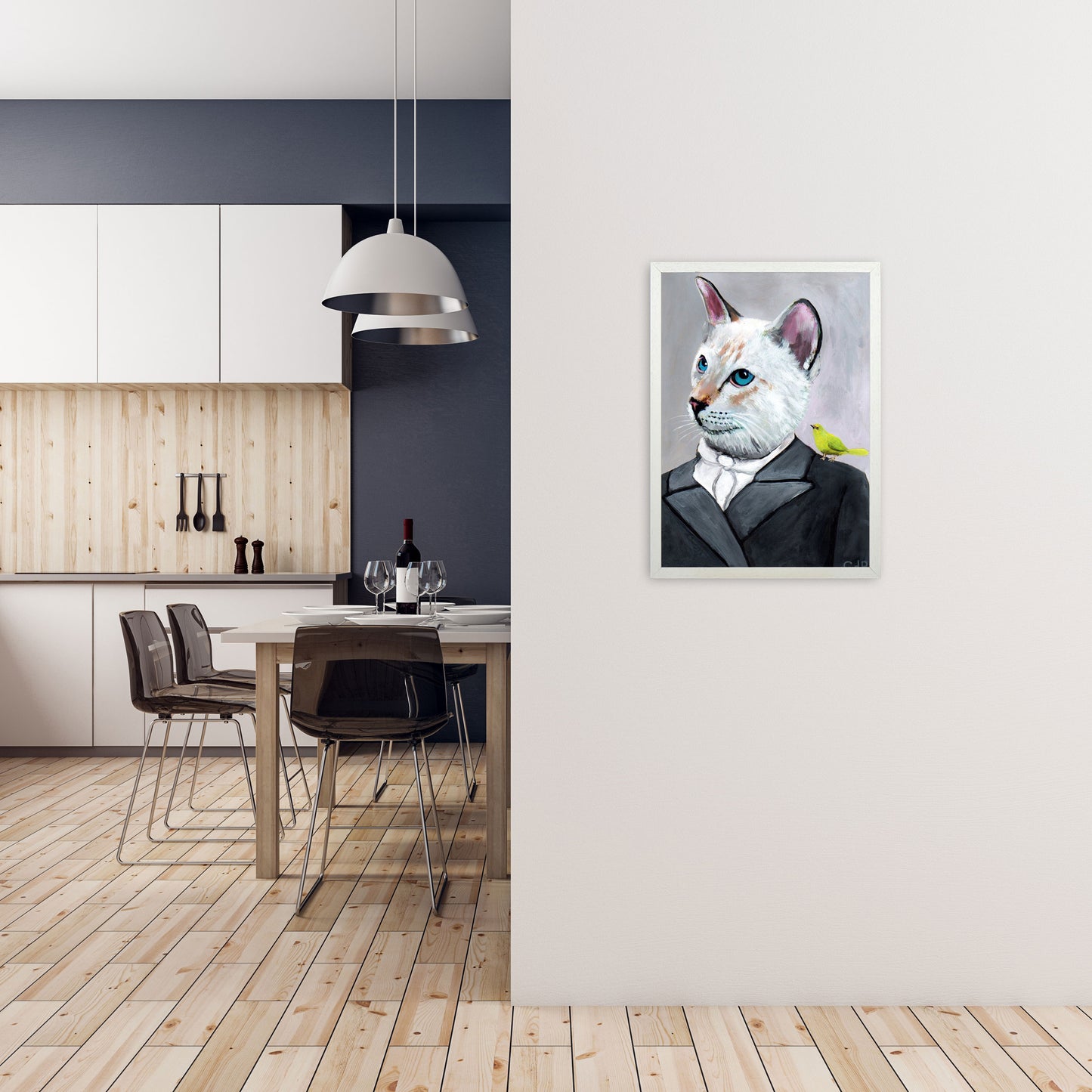 Cat With Bird Art Print by Coco Deparis A2 Oak Frame