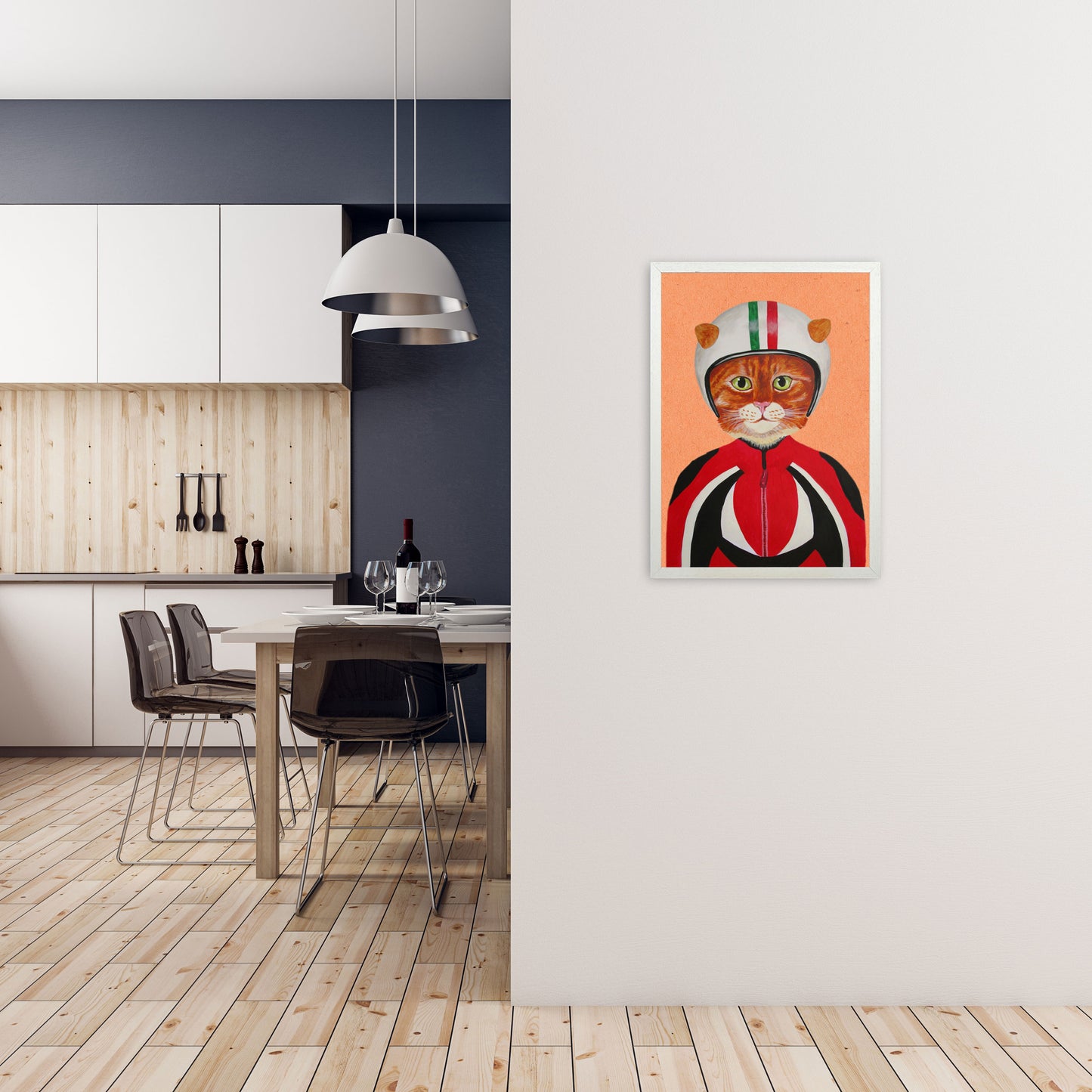 Cat With Helmet Art Print by Coco Deparis A2 Oak Frame