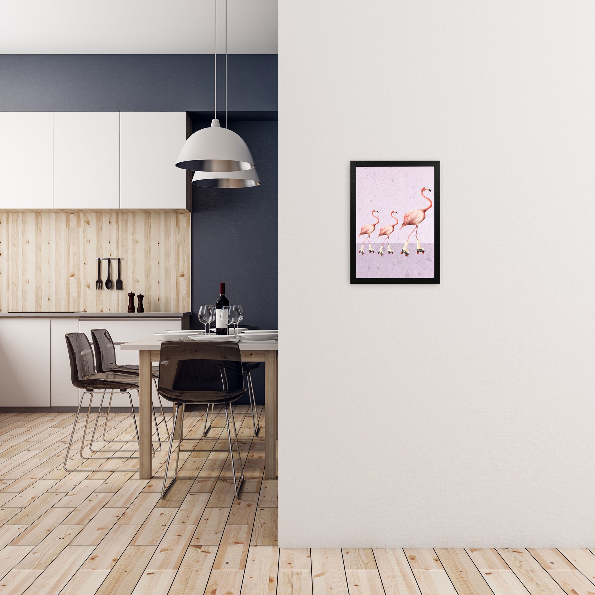 Flamingos Rollerskate Familly Art Print by Coco Deparis A3 White Frame