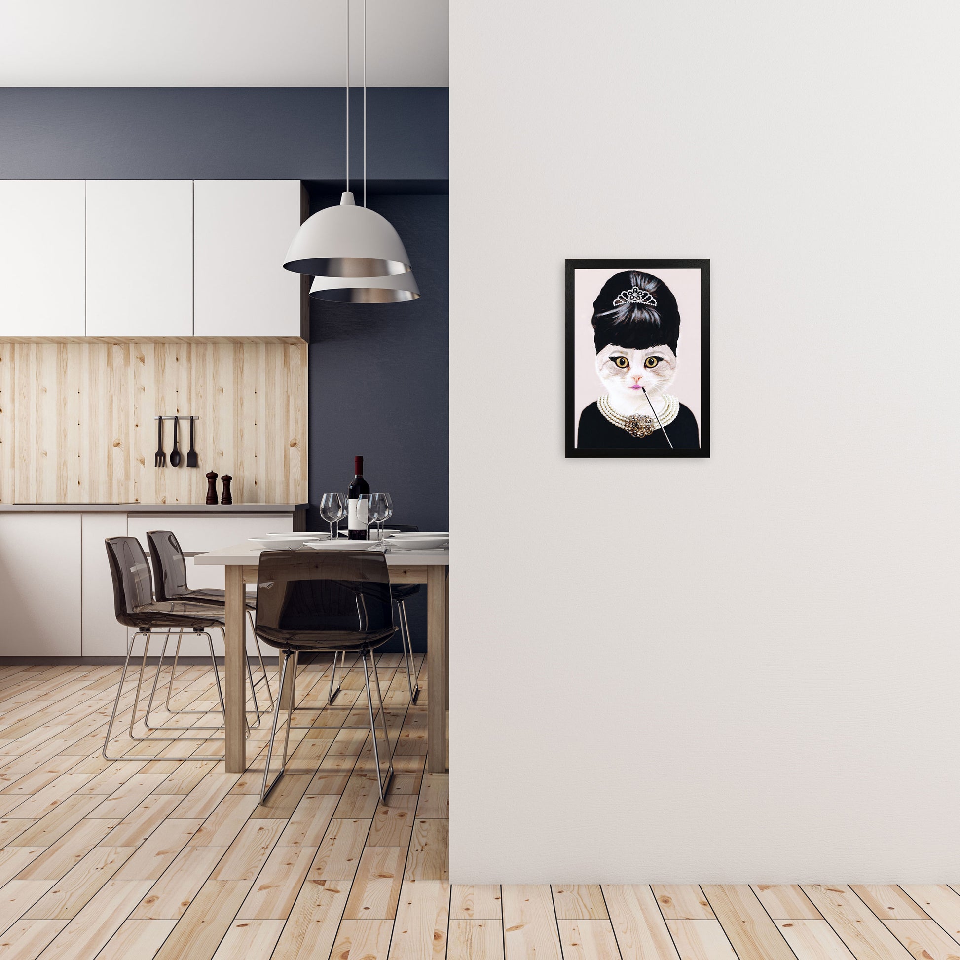 Audrey Hepburn Cat Art Print by Coco Deparis A3 White Frame