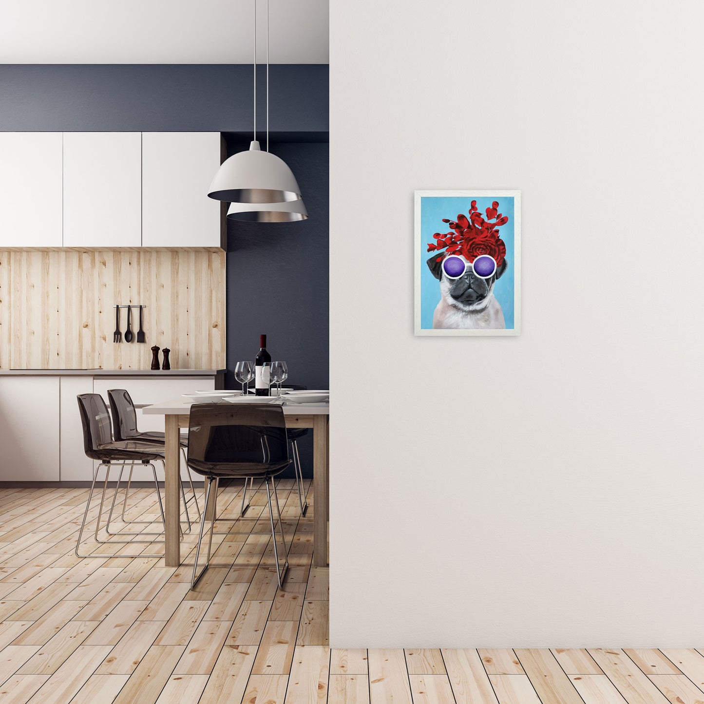 Fashion Pug Blue Art Print by Coco Deparis A3 Oak Frame