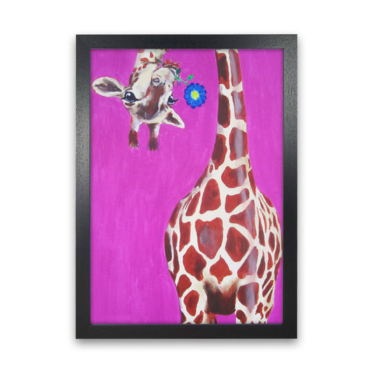 Giraffe With Blue Flower Art Print by Coco Deparis Black Grain