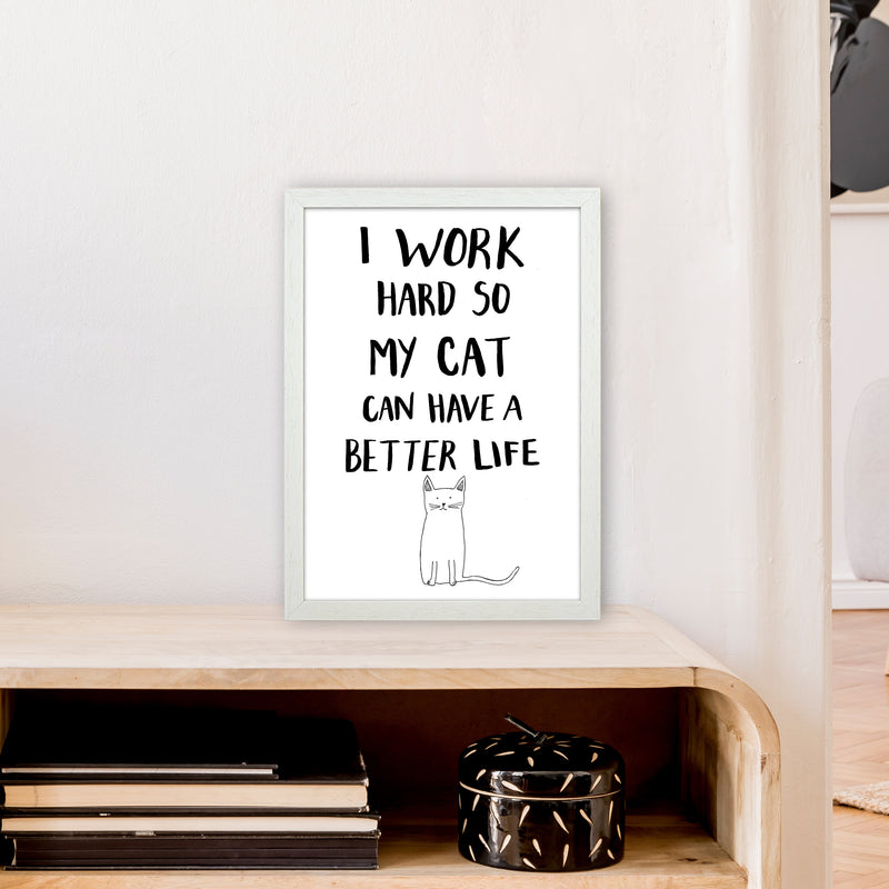 I Work Hard Cat Art Print by Carissa Tanton A3 Oak Frame