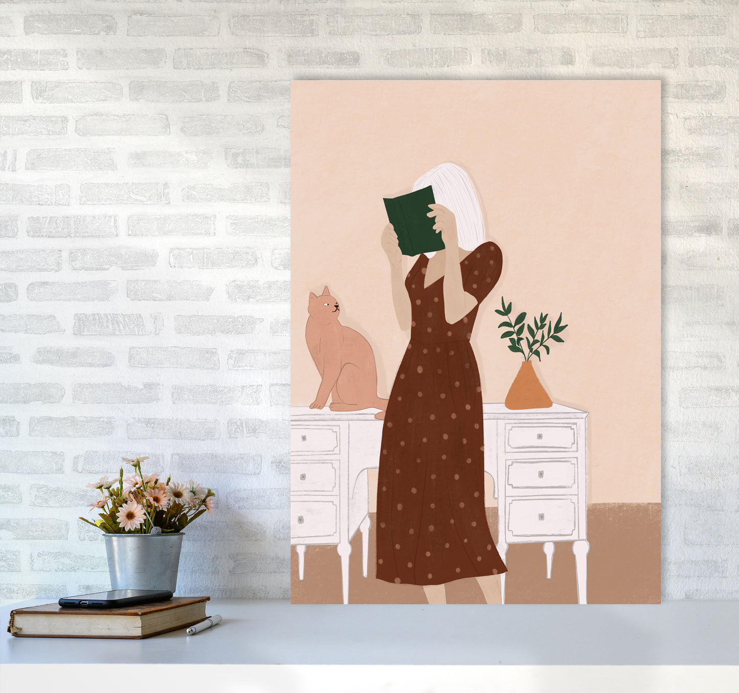 Girl Book Cat Art Print by Essentially Nomadic A1 Black Frame