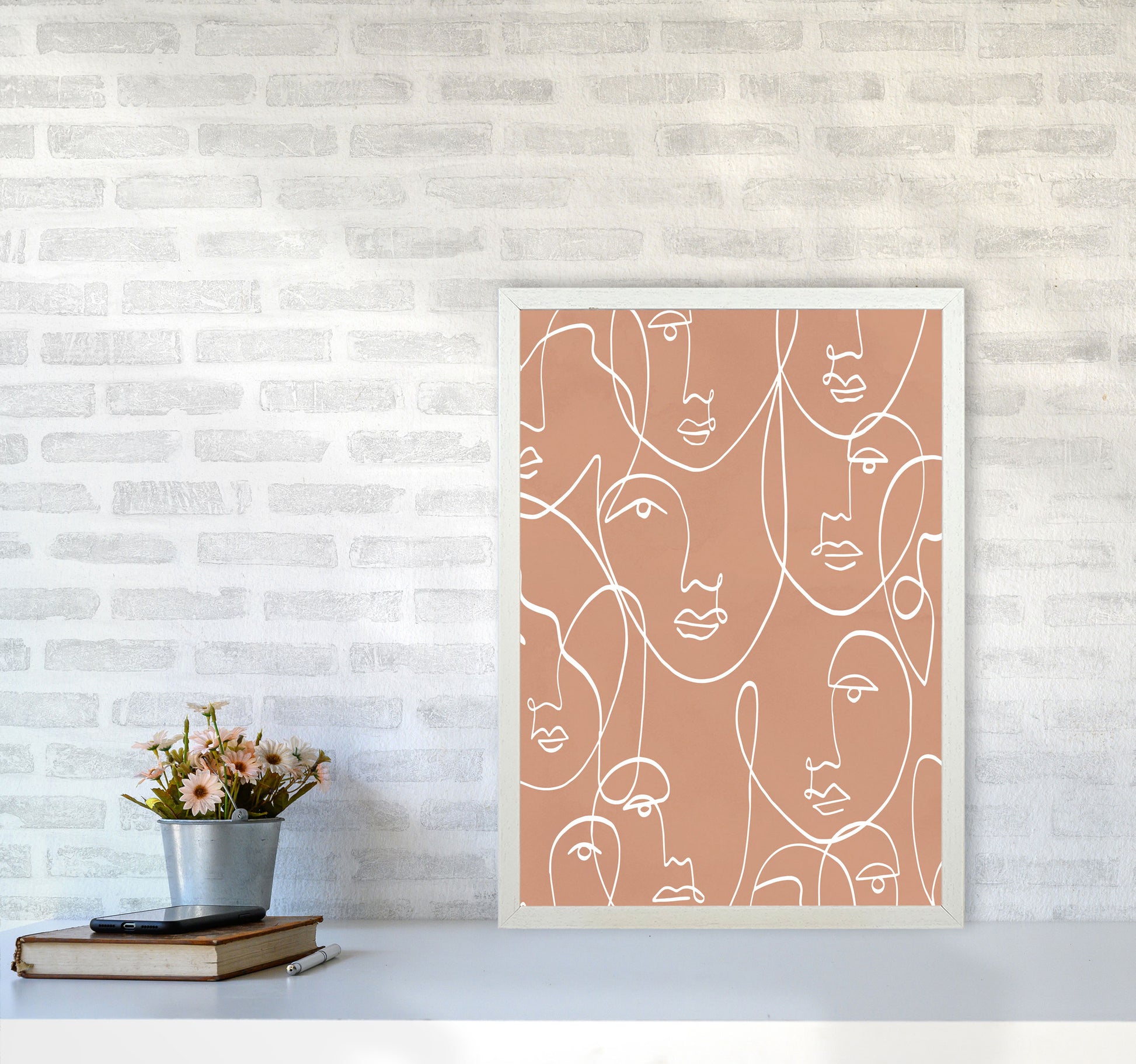 Face Beige Line Art Art Print by Essentially Nomadic A2 Oak Frame